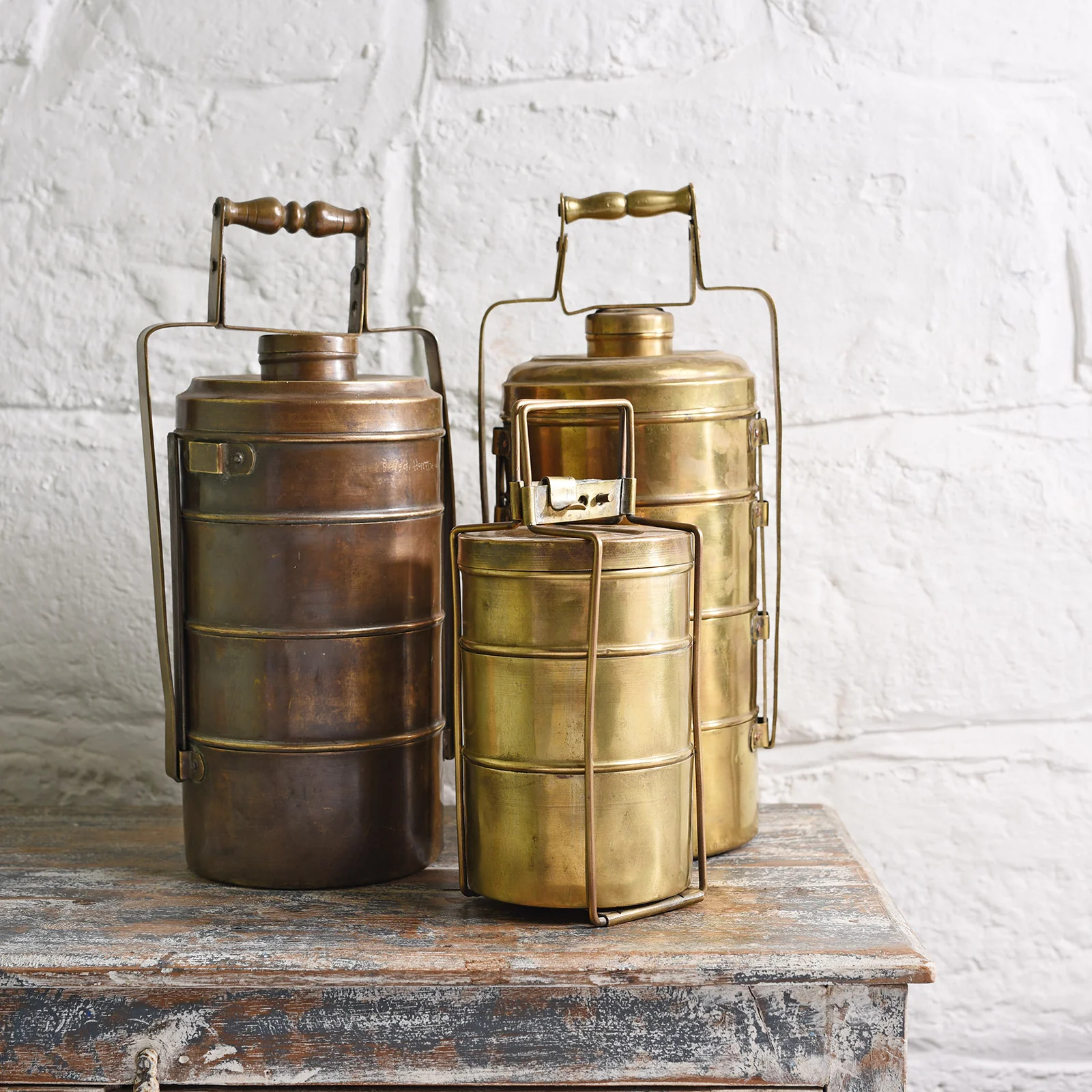 4 Tier Indian Vintage Brass Tiffin Box Set - Ca 1930 - Image 4