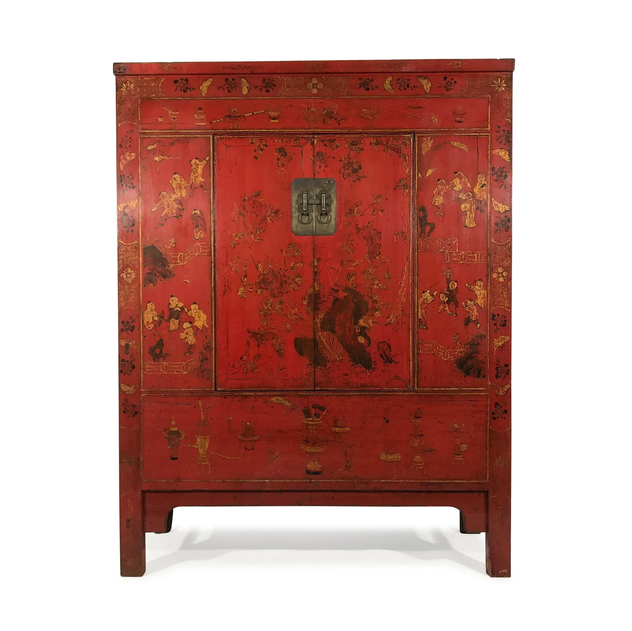 Red Lacquer Wedding Cabinet From Shanxi - 19thC