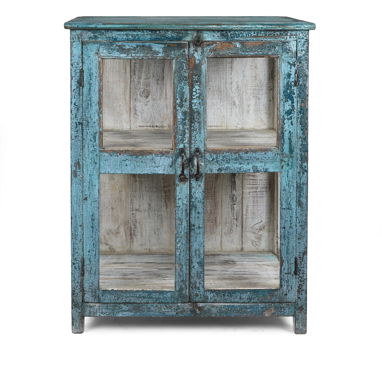 Blue Painted Glazed Side Cabinet From Gujarat - Ca 1910