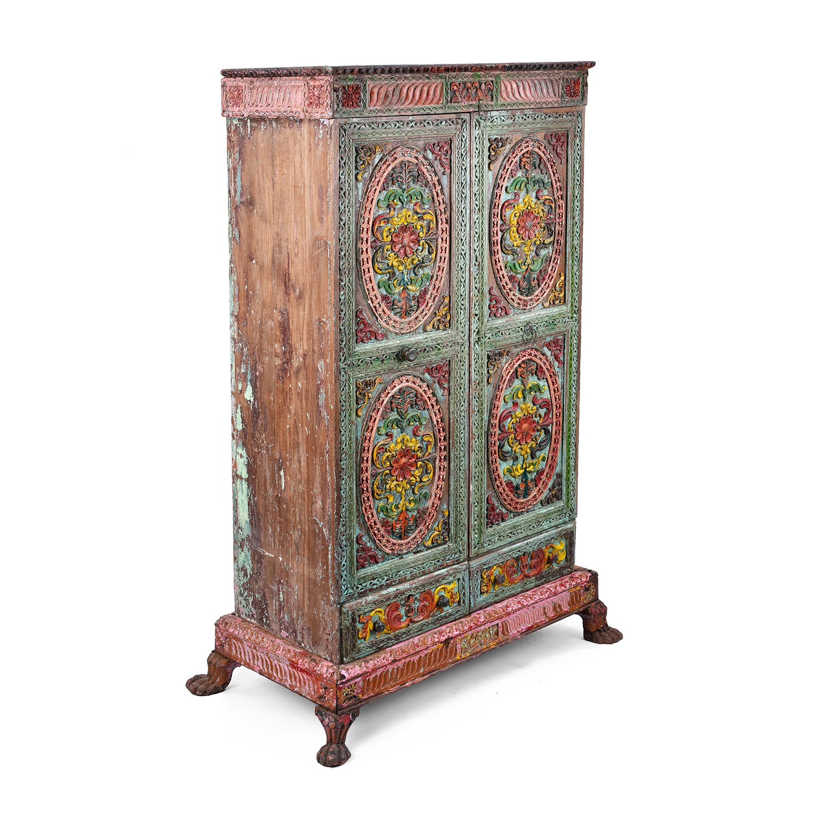 Painted Teak Almirah Cabinet With Carved Panels - Early 19th Century - Image 3