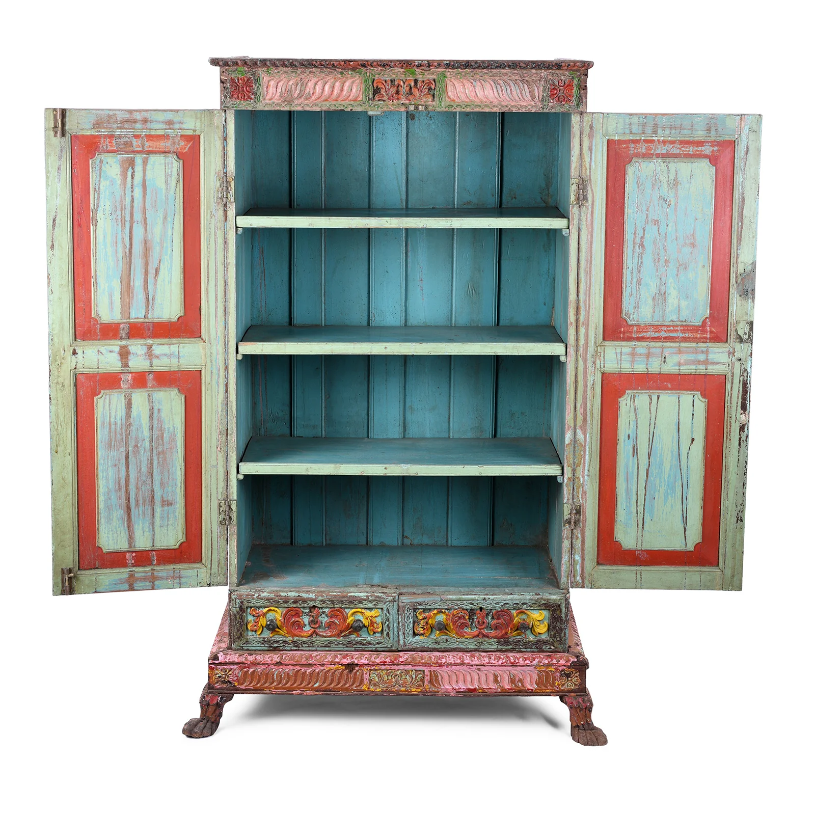 Painted Teak Almirah Cabinet With Carved Panels - Early 19th Century - Image 7