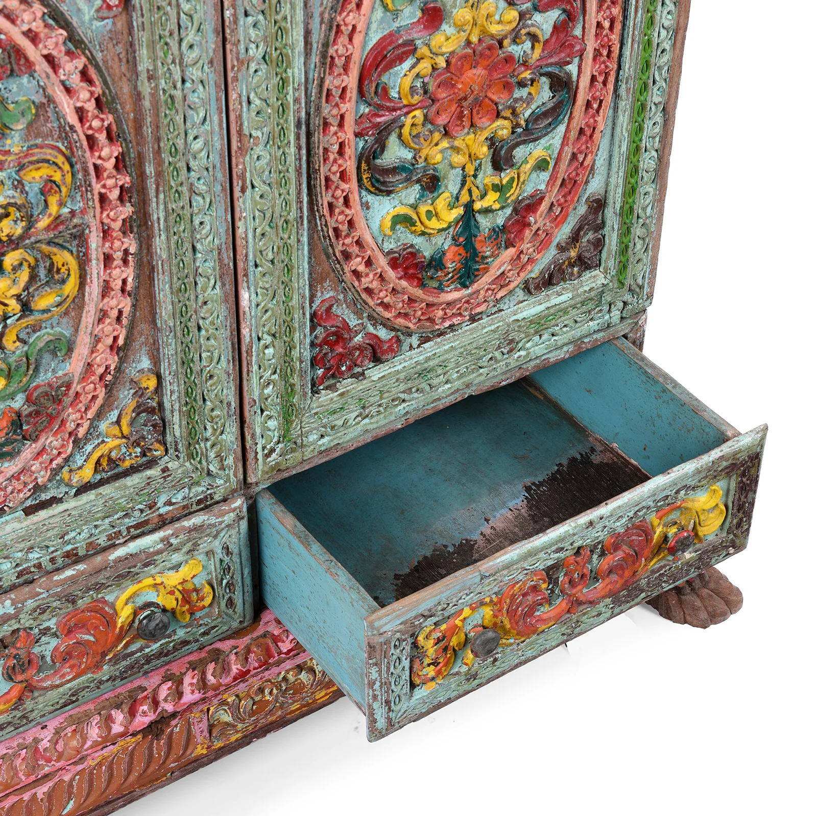Painted Teak Almirah Cabinet With Carved Panels - Early 19th Century - Image 9