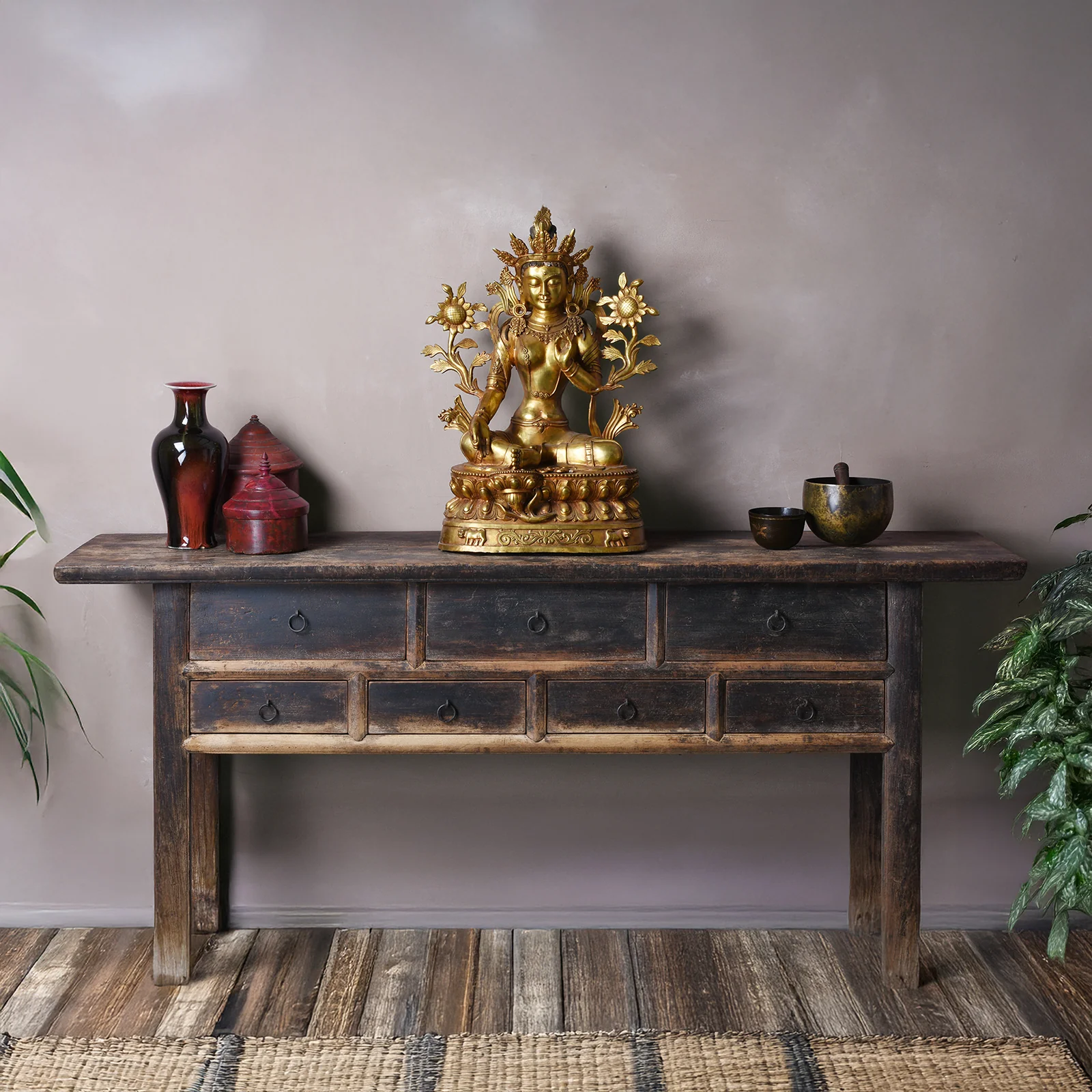 Rustic 7 Drawer Console Table from Shanxi - 19th Century
