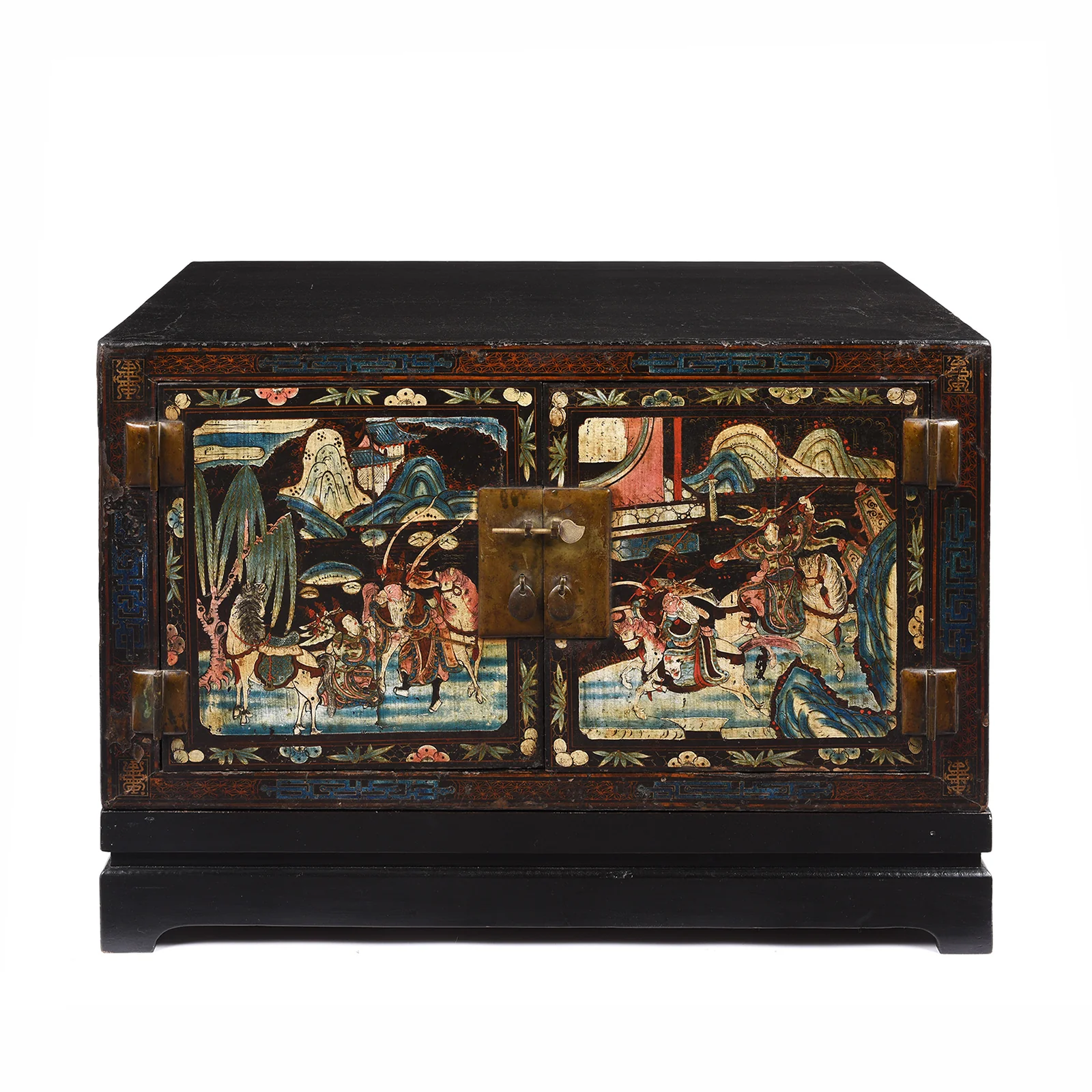 Black Lacquer Painted Low Cabinet On Stand From Shanxi - Early 20thC