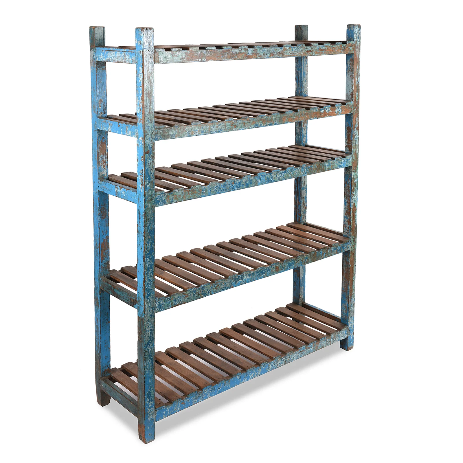Indian Blue Painted Teak Slatted Shelf- Ca 1930 - Image 2