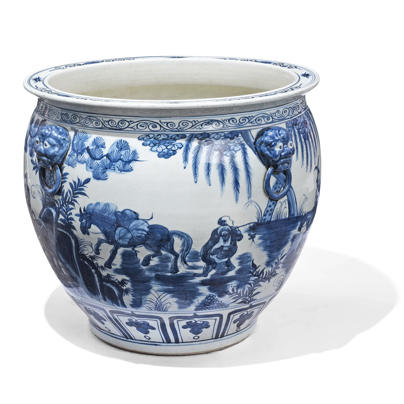 Blue & White Porcelain Fish Bowl Planter - Pastoral Scene - Image 3