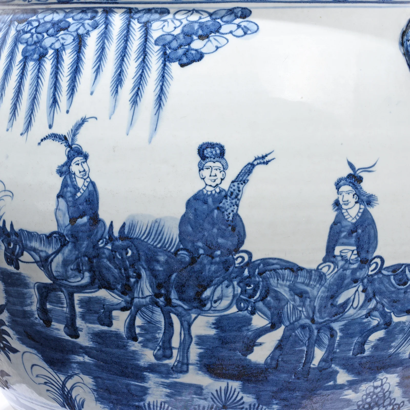 Blue & White Porcelain Fish Bowl Planter - Pastoral Scene - Image 4