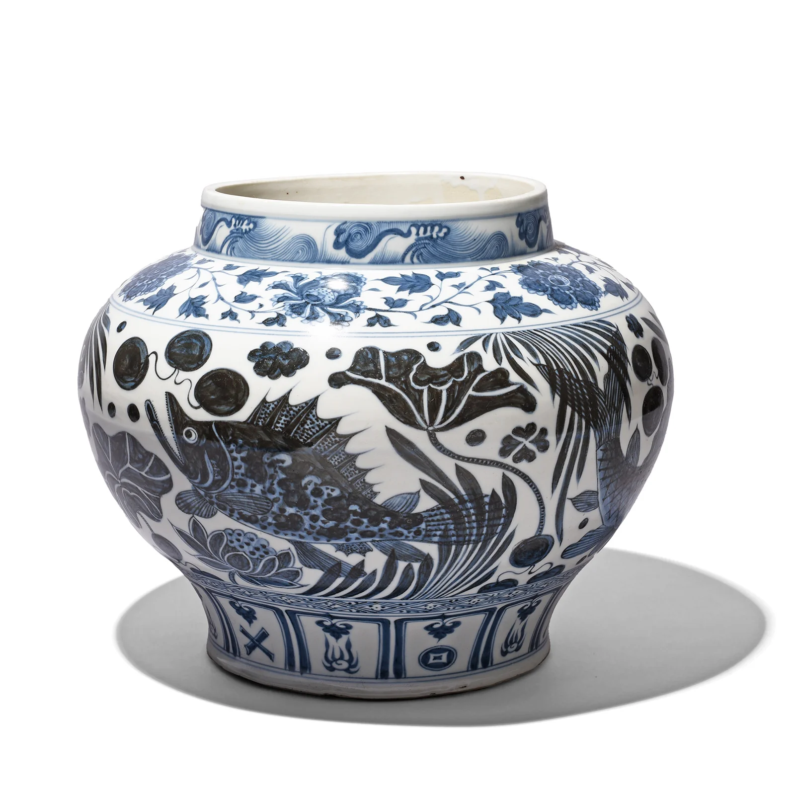 Blue & White Porcelain Jardinière - Fish Design - Image 2