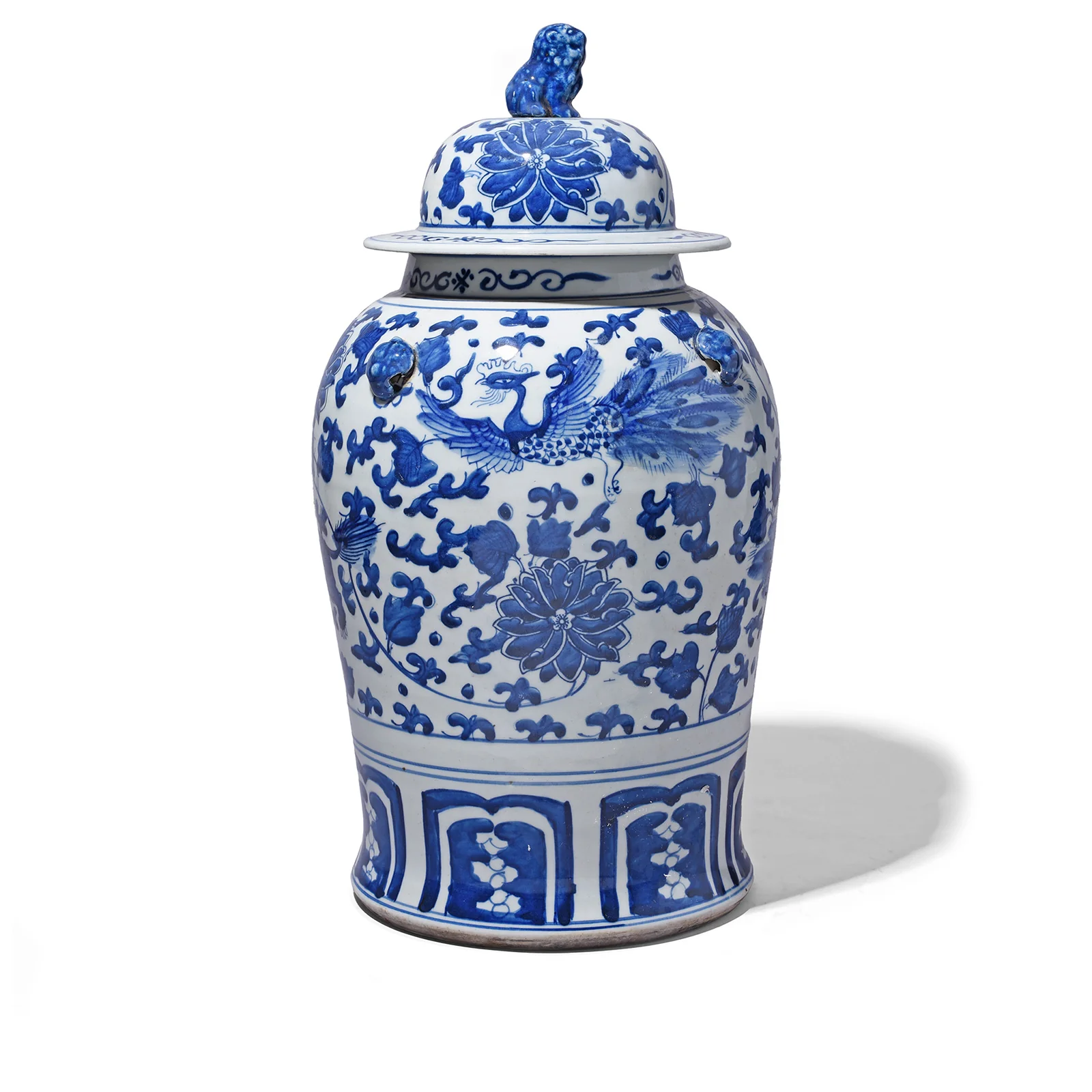 Blue & White Porcelain Temple Jar - Phoenix, Qilin & Lotus