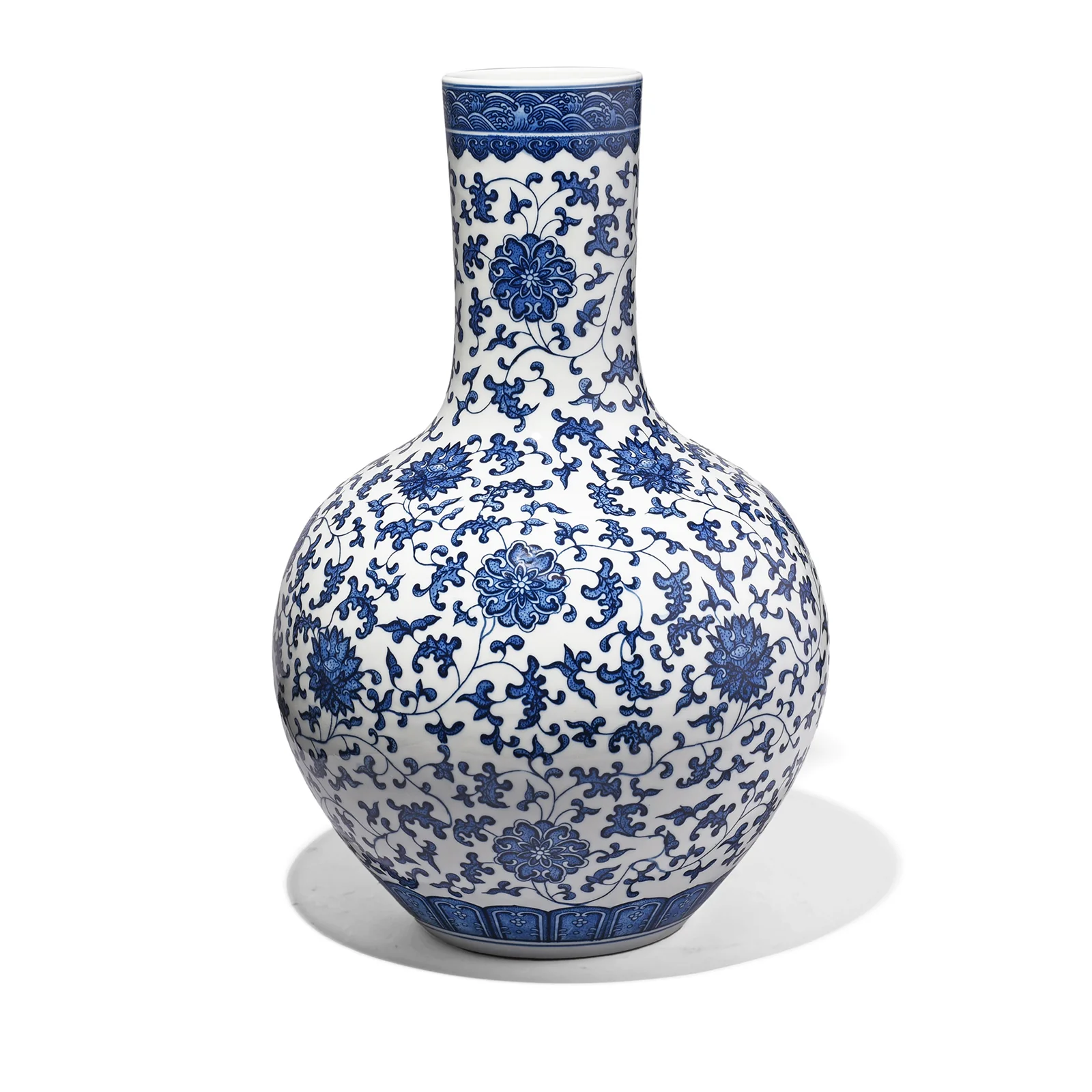 Large Blue & White Porcelain Tianqiuping Vase - Chrysanthemum
