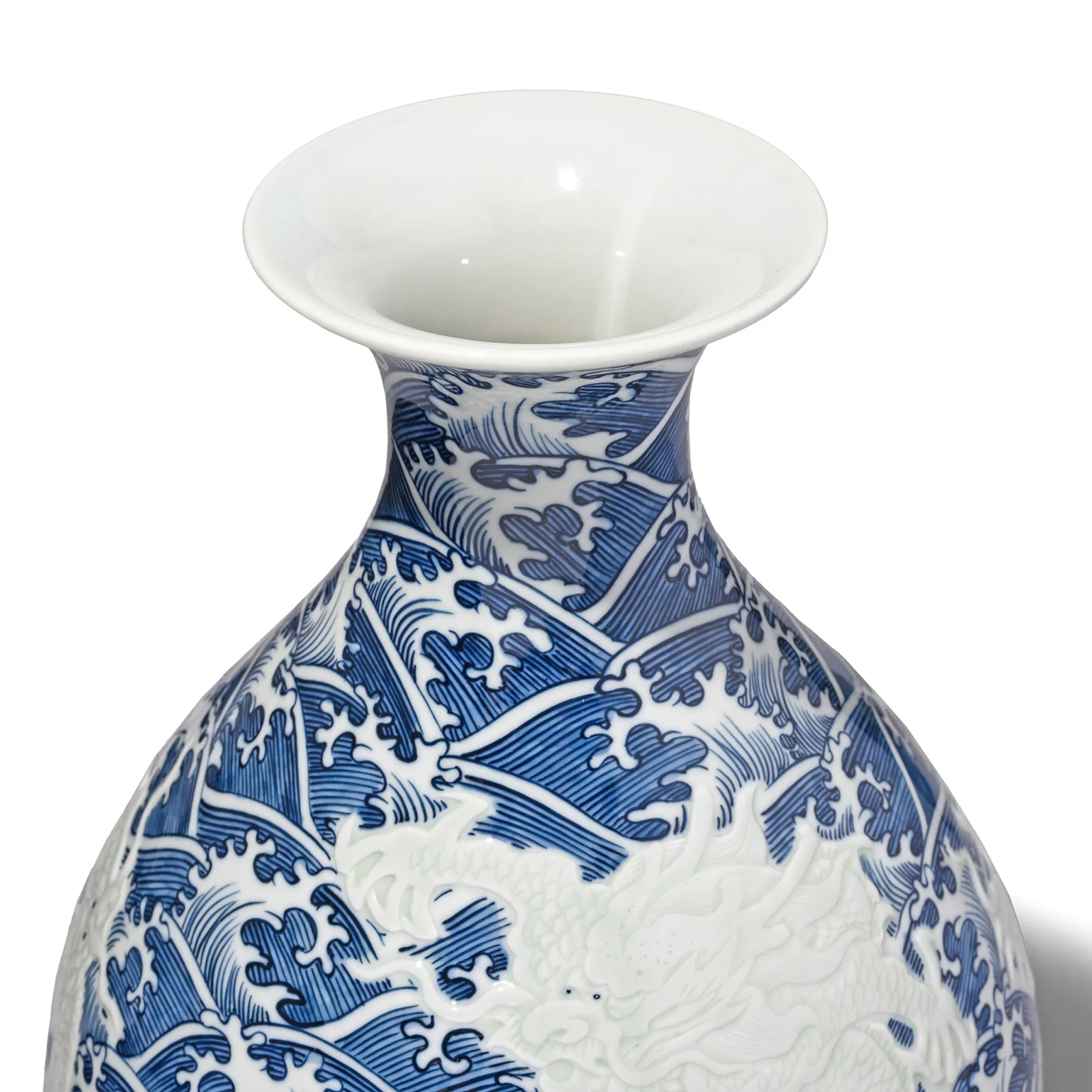 Blue & White Porcelain Yuhuchunping Vase - Wave Dragons - Image 4