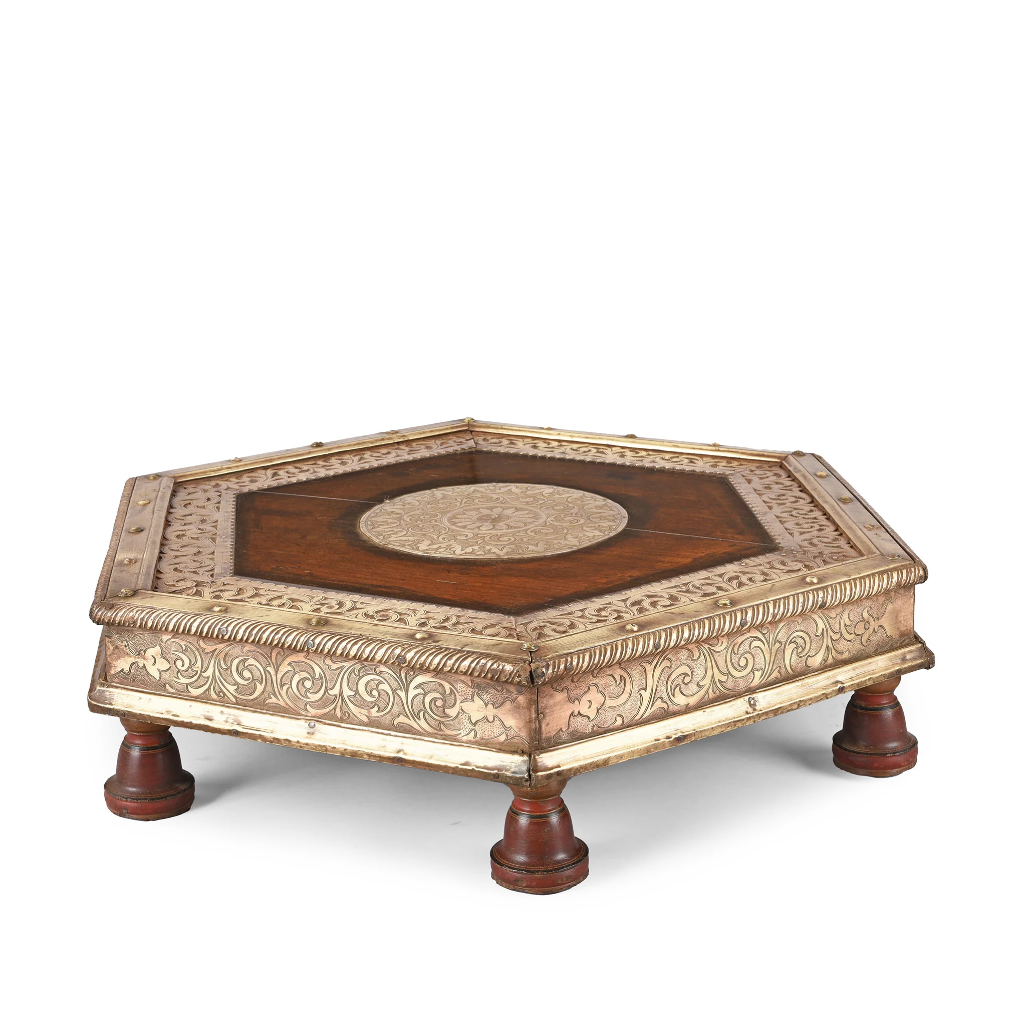 Brass Hexagonal Bajot Prayer Table From Shekhawati - 19th Century