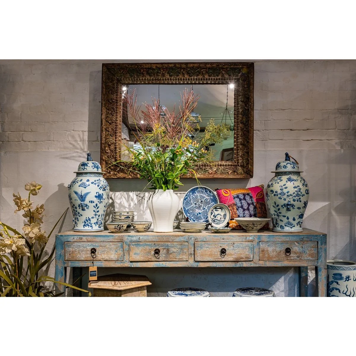 3 Drawer Altar Table Old Blue Painted Pine - Image 2