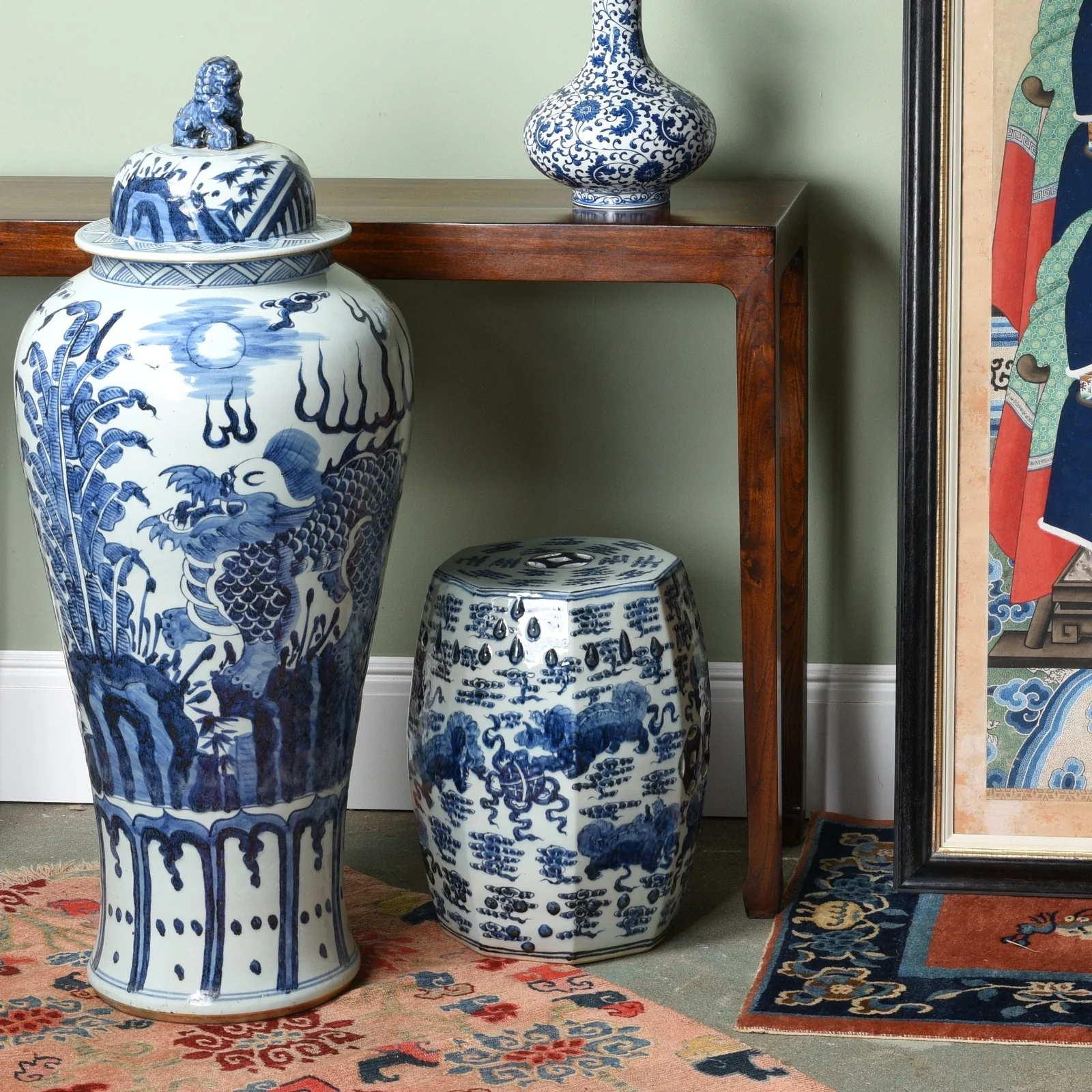 Blue & White Porcelain Tall Temple Jar & Cover - Qilin