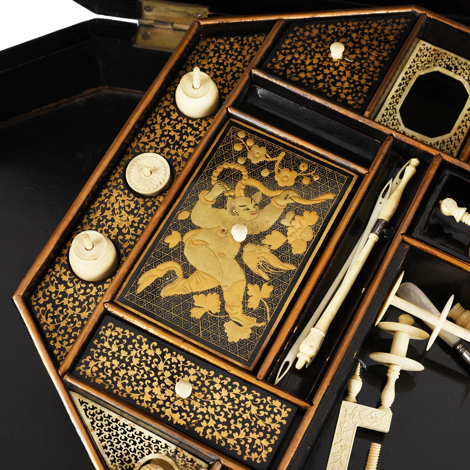 Canton Export Black Lacquer Work Box On Stand - 19th Century - Image 16
