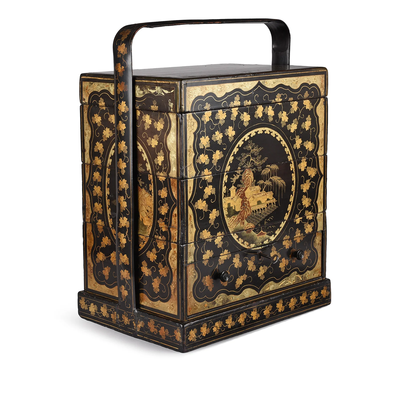 Canton Export Black Lacquer Stacking Haberdashery Box - Qing Dynasty