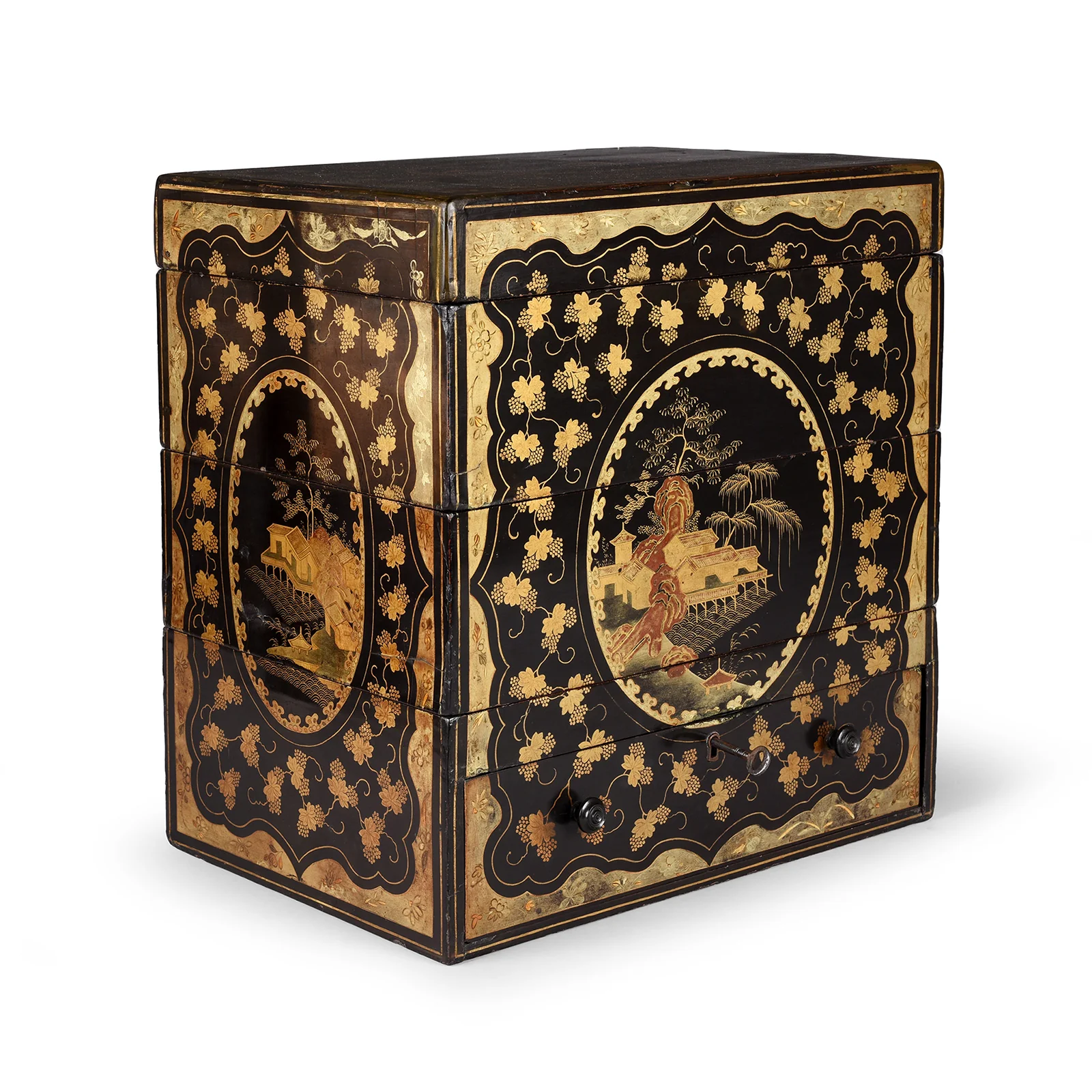 Canton Export Black Lacquer Stacking Haberdashery Box - Qing Dynasty - Image 10