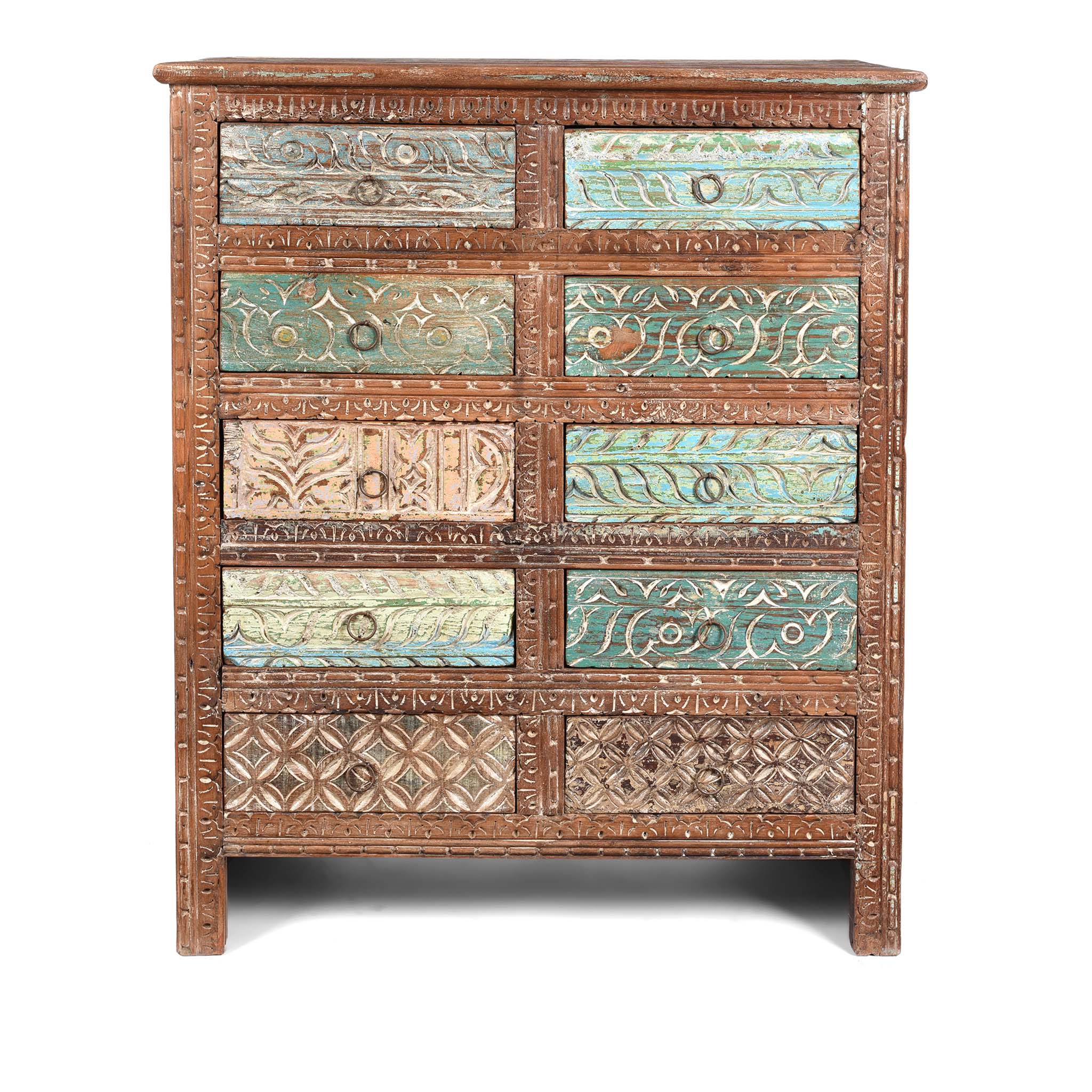 Carved Chest Of 10 Drawers Made From Reclaimed Teak