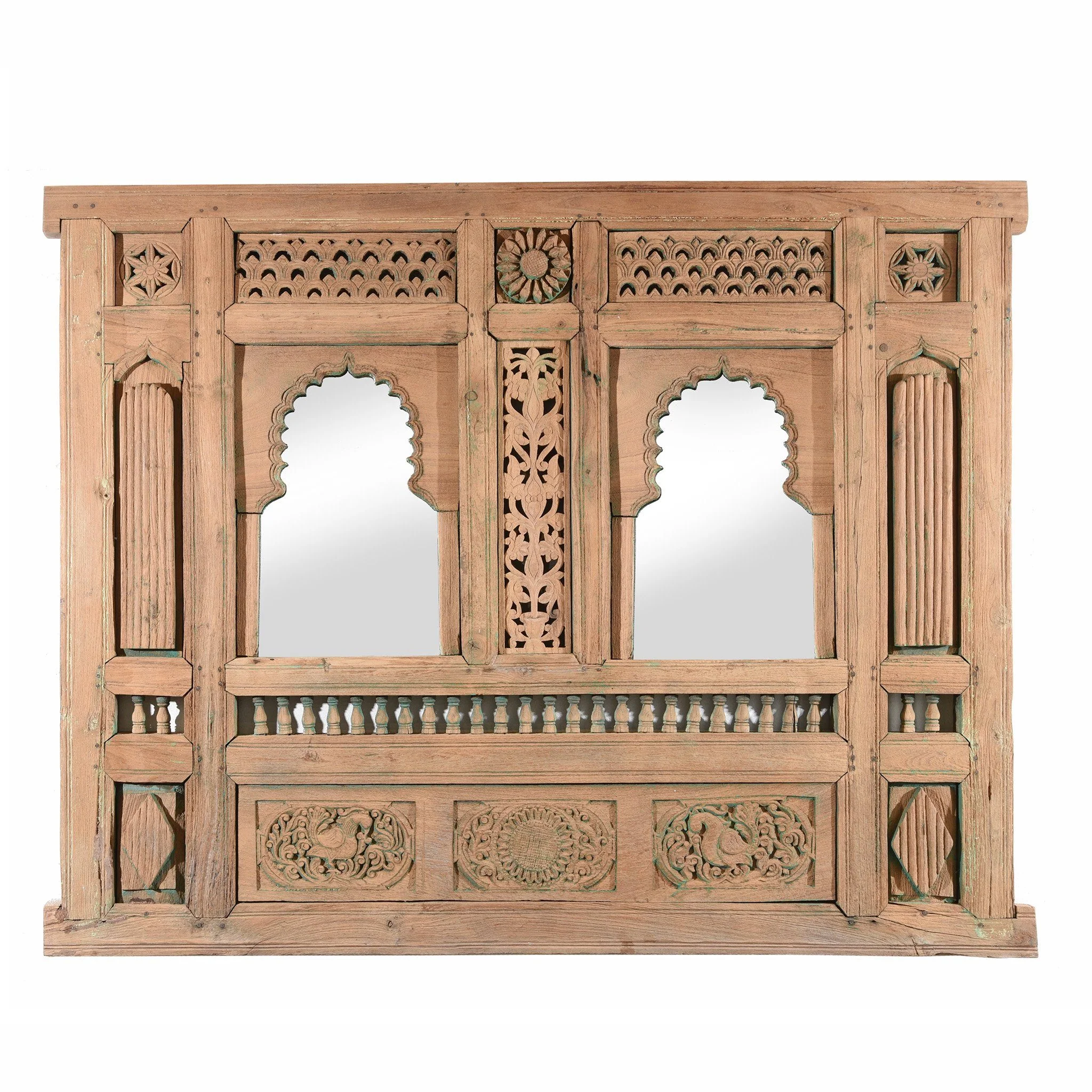 Carved Double Mirror Made From An Old Teak Window - 19thC