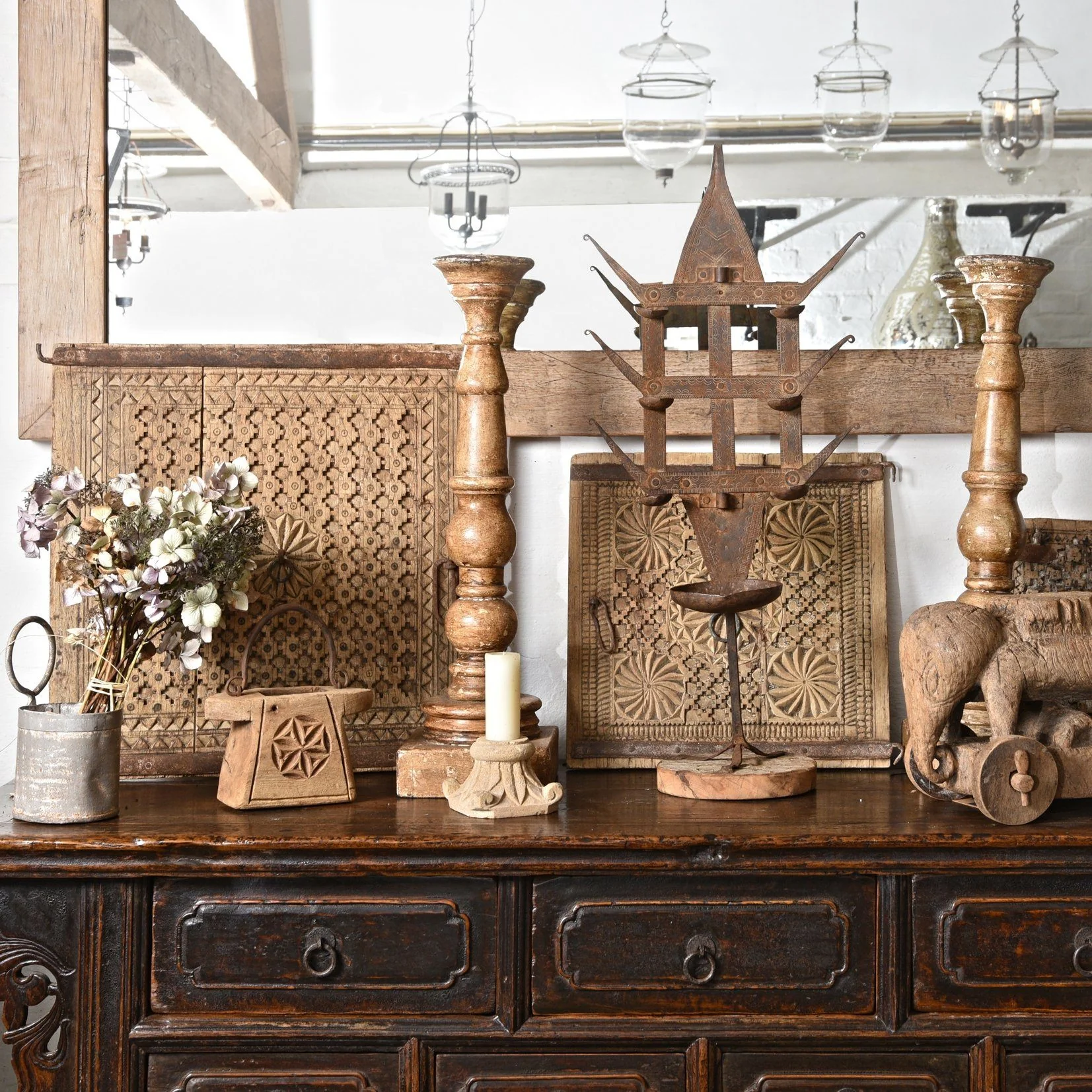 Carved Mango Wood Candlestick From Rajasthan - Image 2