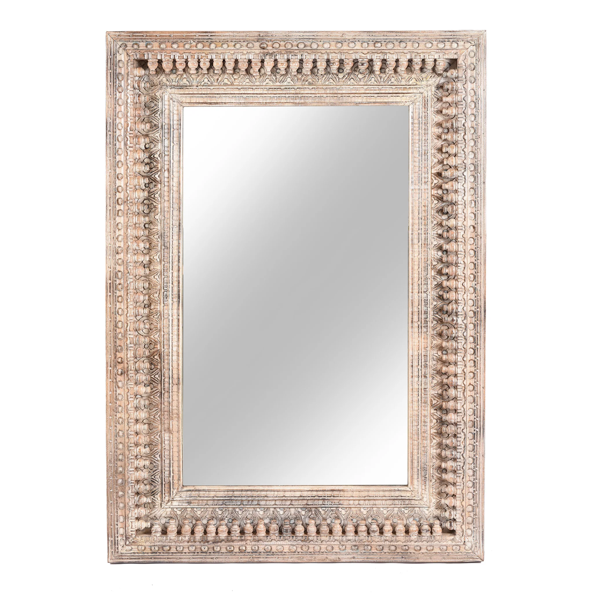 Carved Mango Wood Painted Mirror - Antique Cream