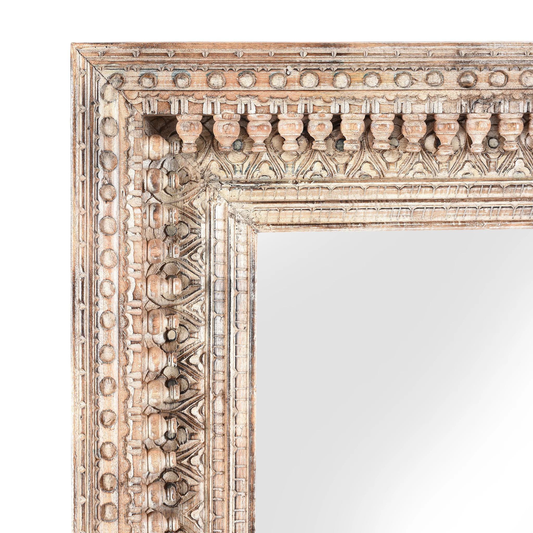 Carved Mango Wood Painted Mirror - Antique Cream - Image 3
