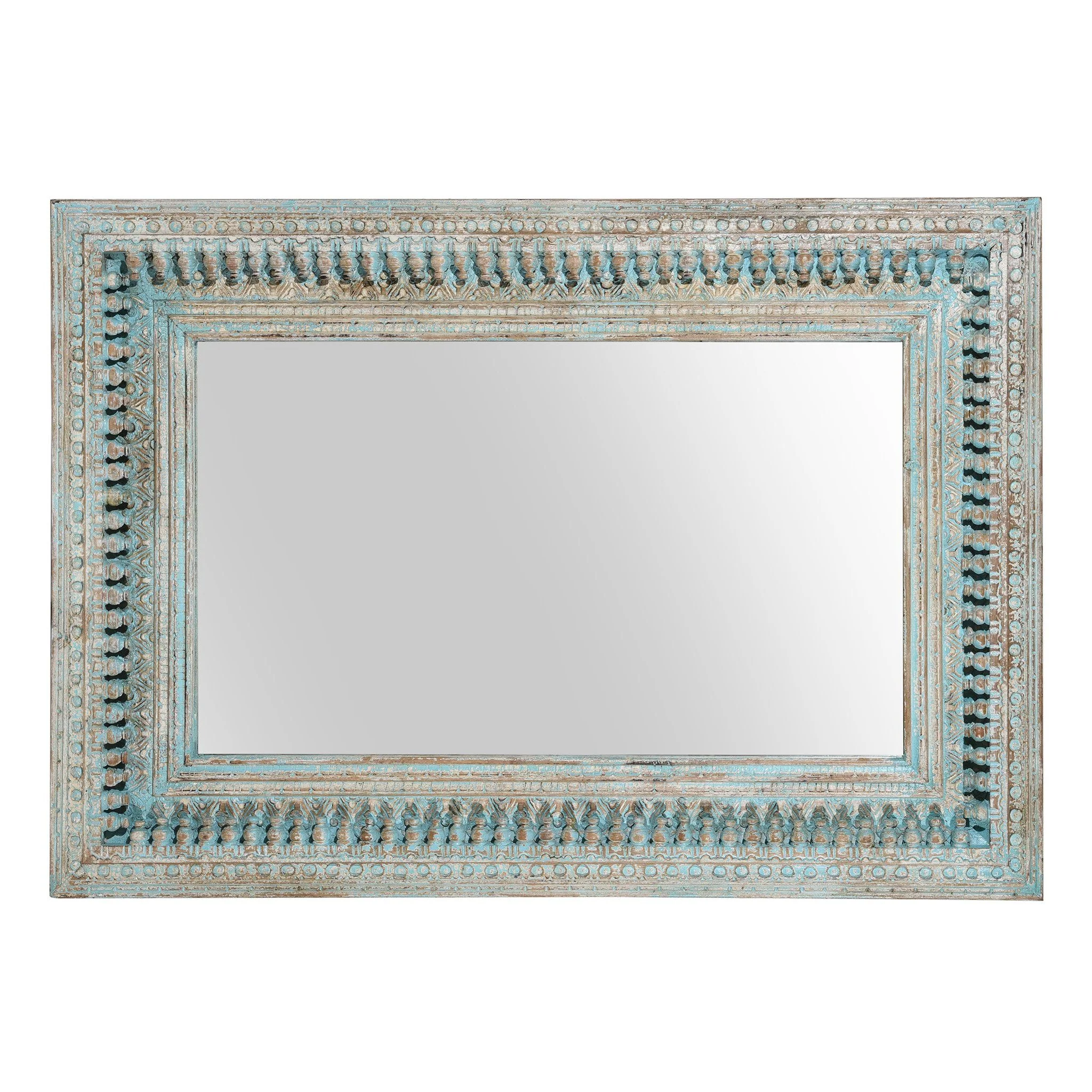 Carved Mango Wood Painted Mirror - Antique Blue - Image 2