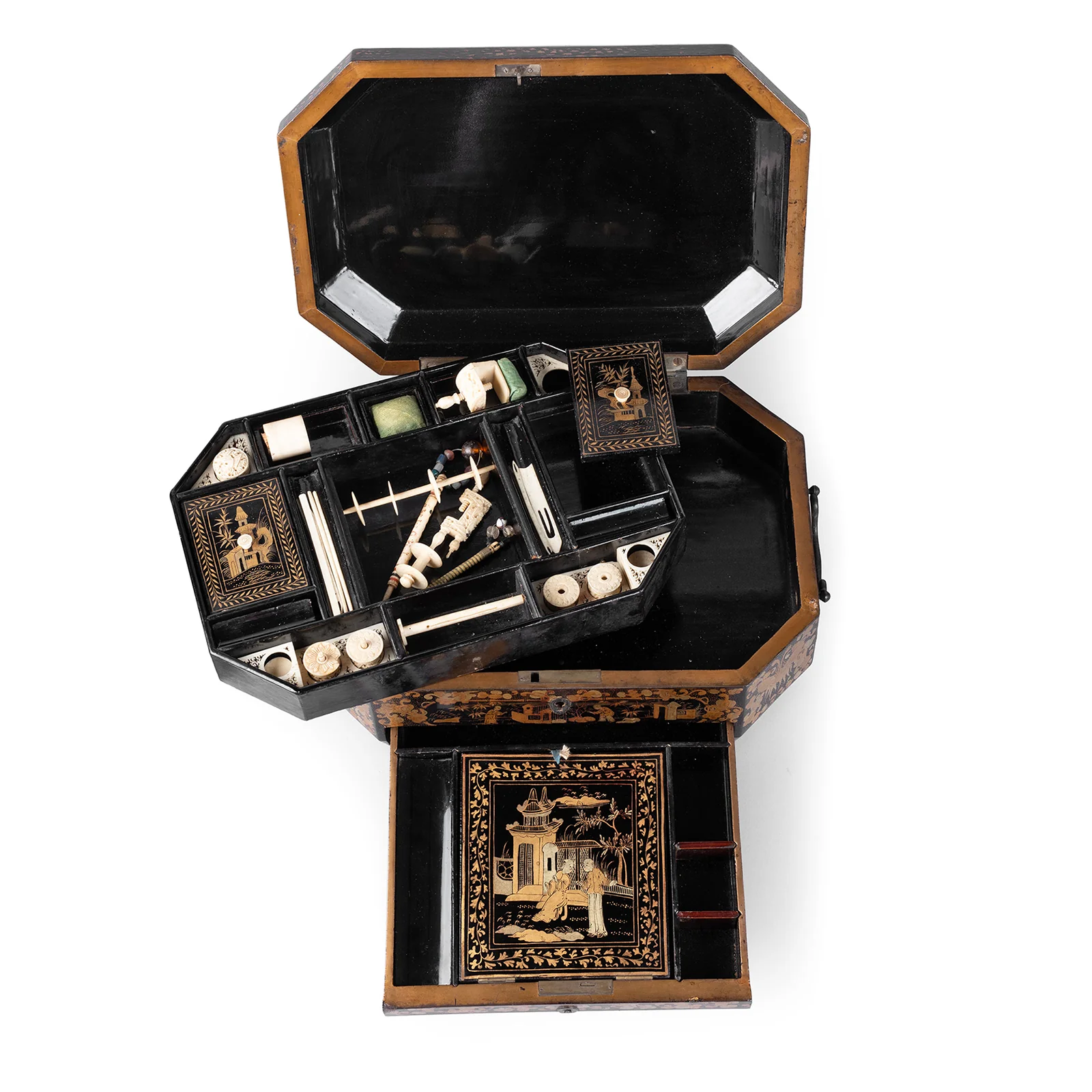 Canton Export Black Lacquer Sewing Box - Qing Dynasty - Image 2