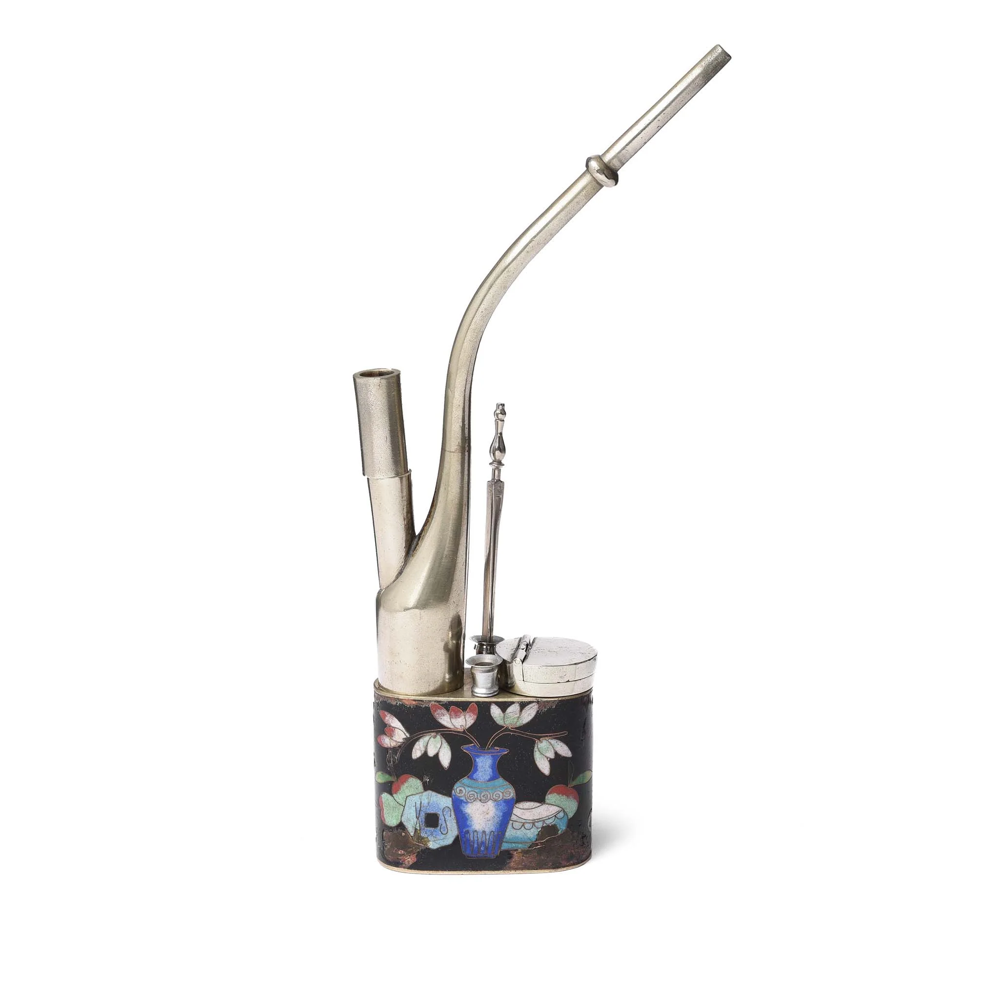 Cloisonne & Paktong Chinese Water Pipe - Ca 1900