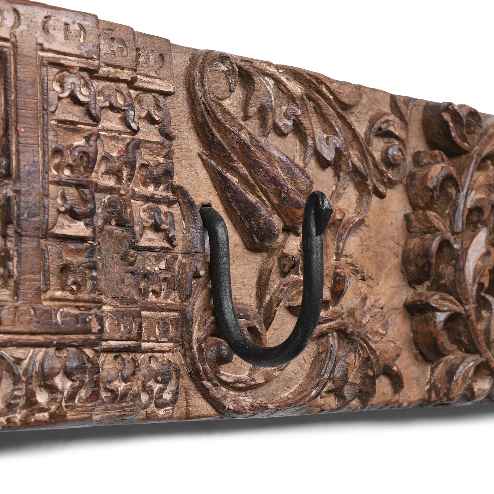 Old Carved Teak Architrave With Iron Coat Hooks - Image 5