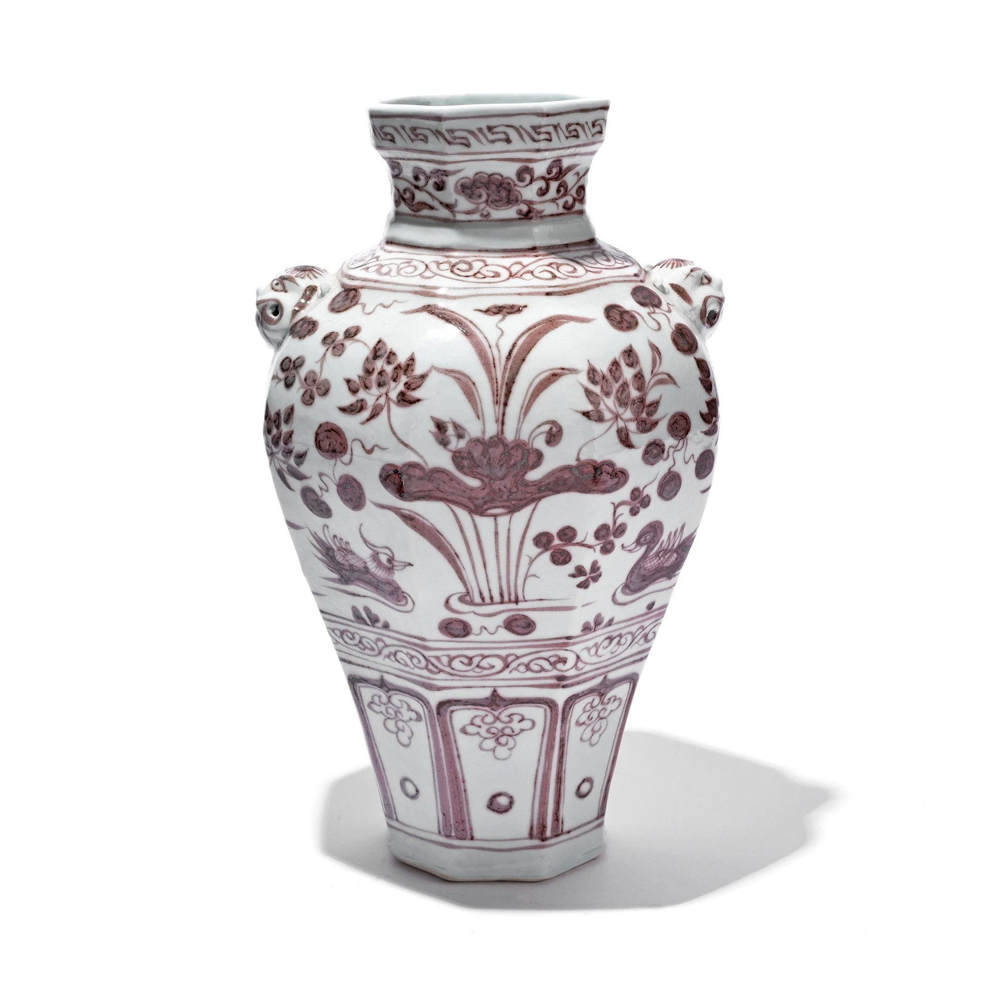 Copper-red Porcelain Octagonal Meiping Vase - Floral Design