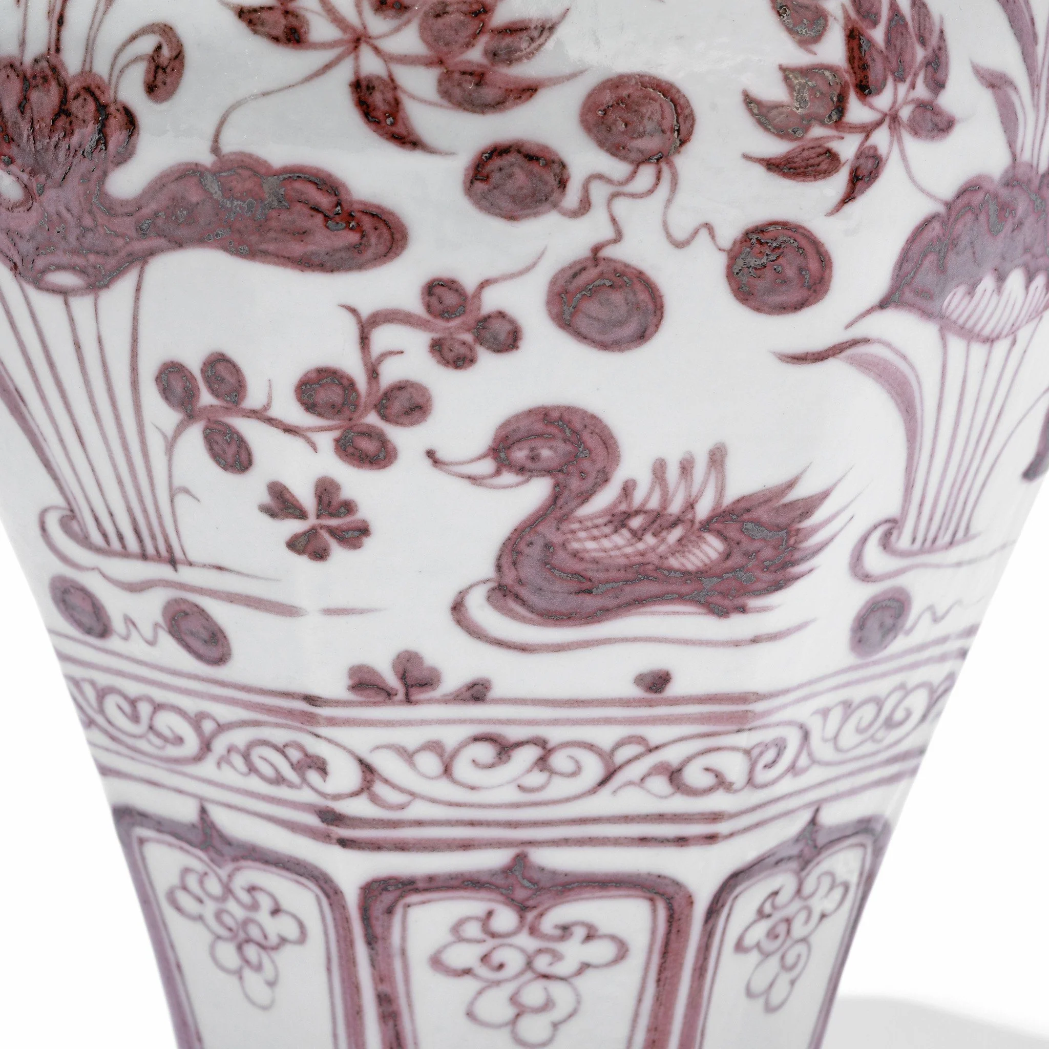 Copper-red Porcelain Octagonal Meiping Vase - Floral Design - Image 3