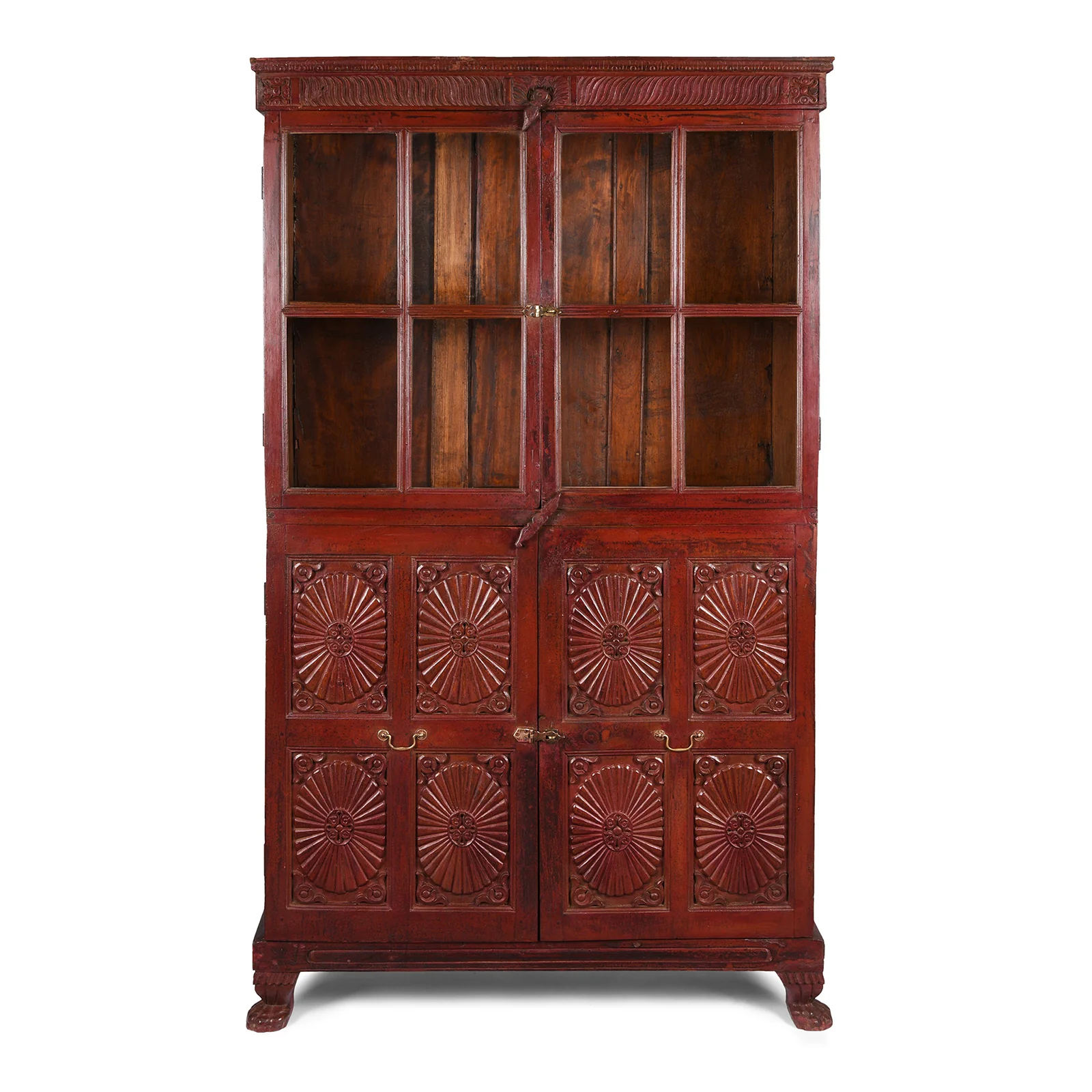 Glazed Teak Almirah Cabinet With Sunburst Panels - 19th Century