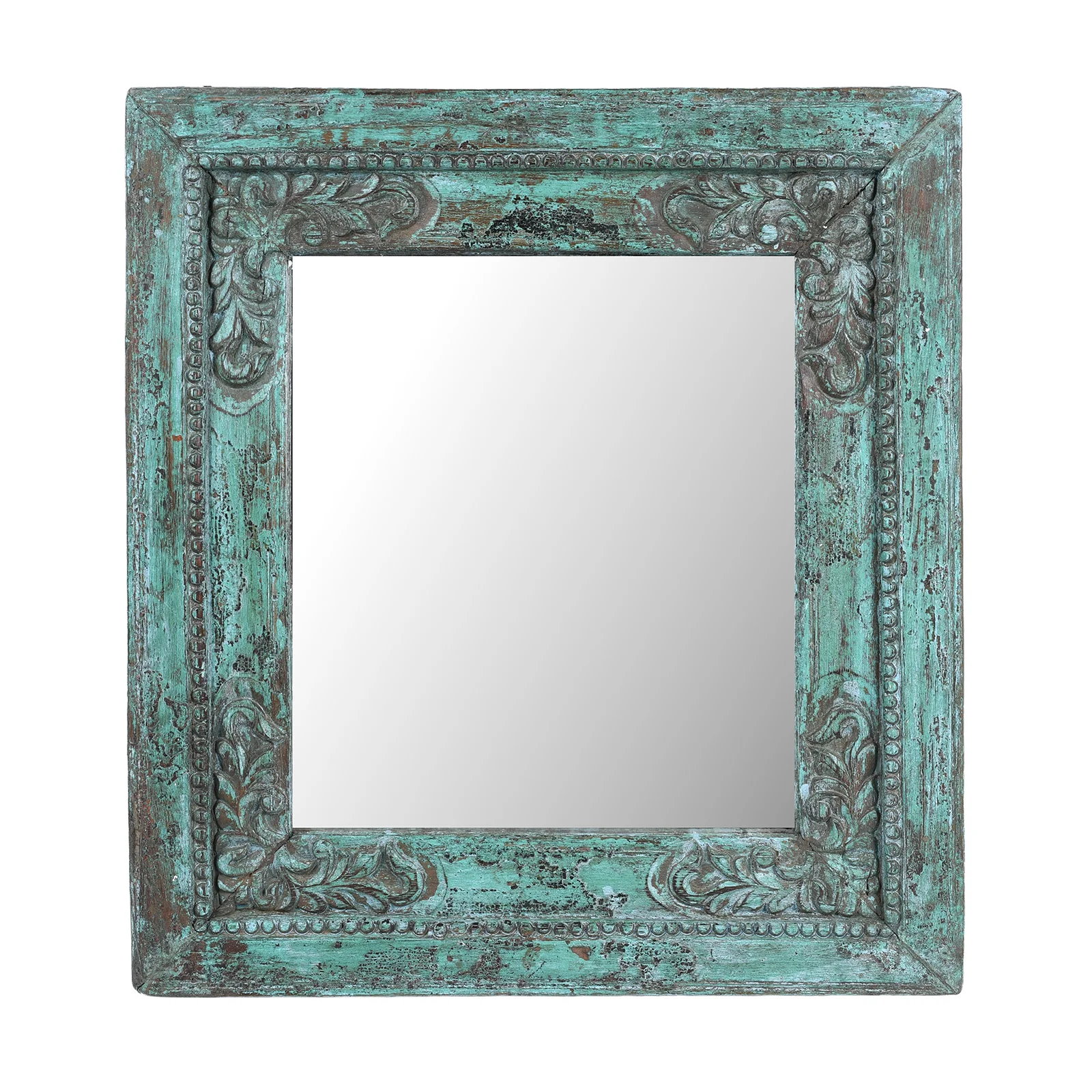 Green Painted Square Teak Mirror - 19th Century