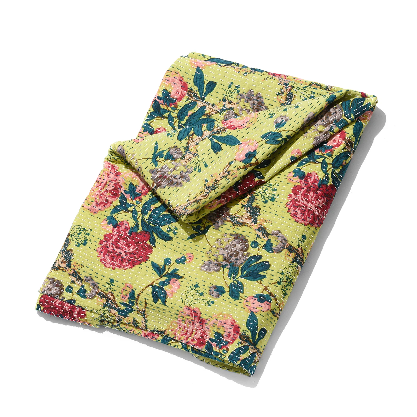 Lime Green Floral Hand Block Printed Cotton Kantha Throw -Double bed Size