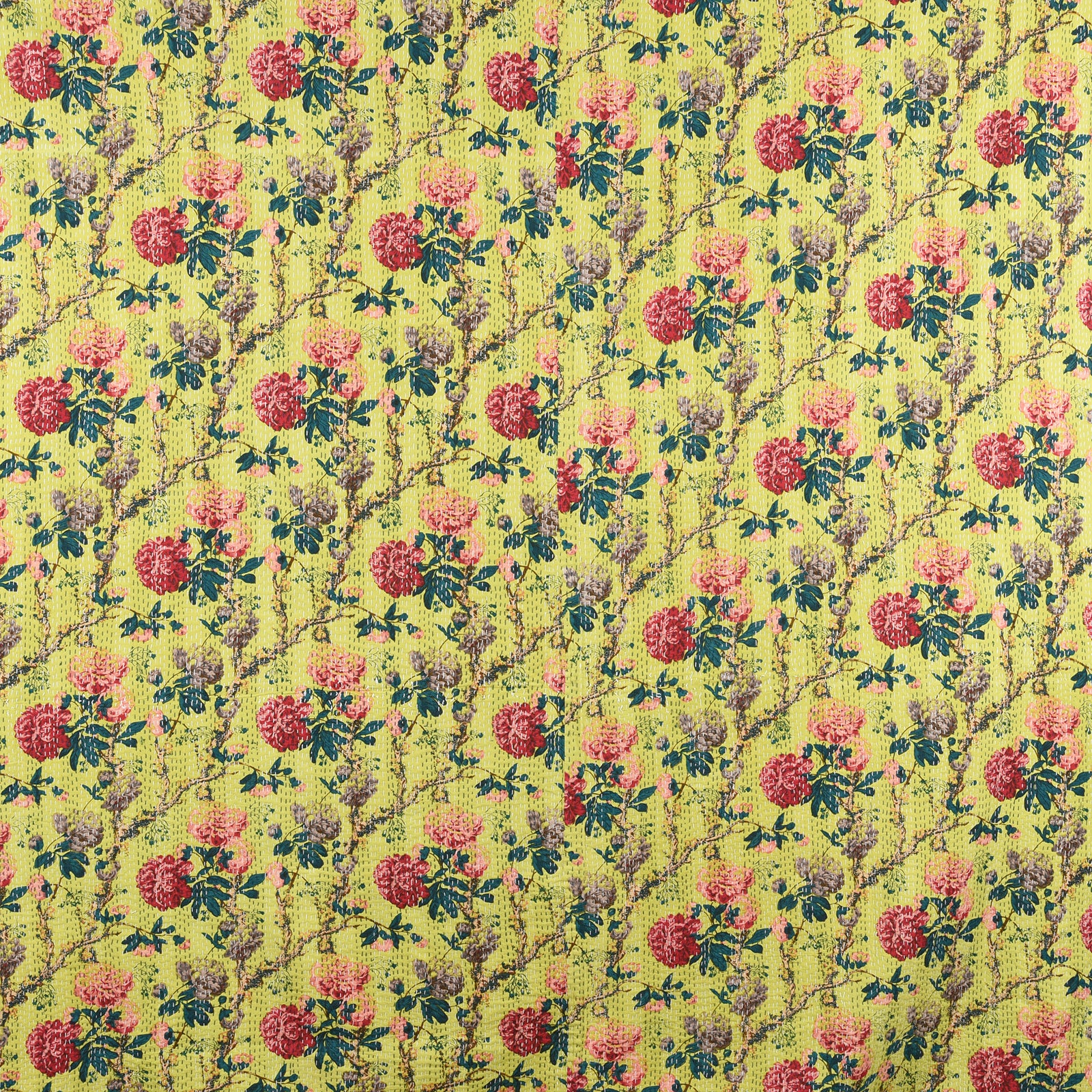 Lime Green Floral Hand Block Printed Cotton Kantha Throw -Double bed Size - Image 2