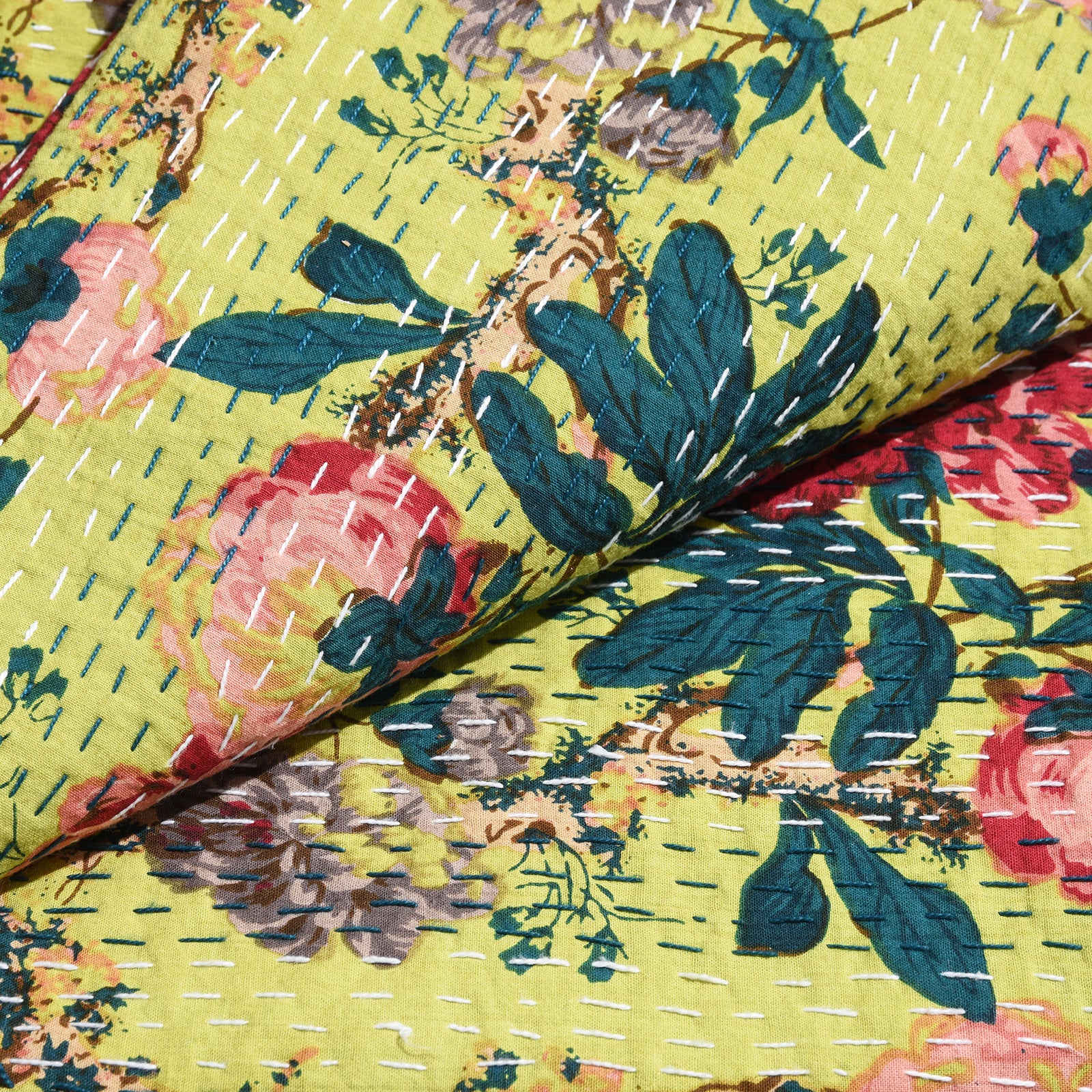 Lime Green Floral Hand Block Printed Cotton Kantha Throw -Double bed Size - Image 3