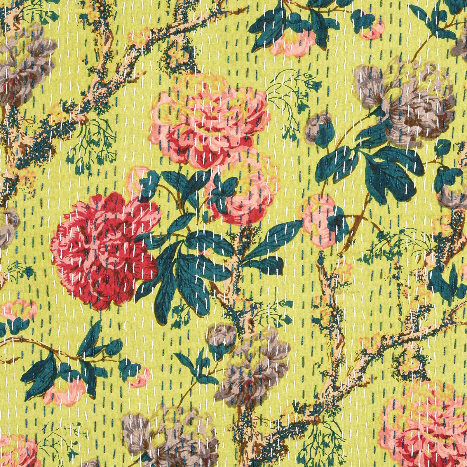 Lime Green Floral Hand Block Printed Cotton Kantha Throw -Double bed Size - Image 4
