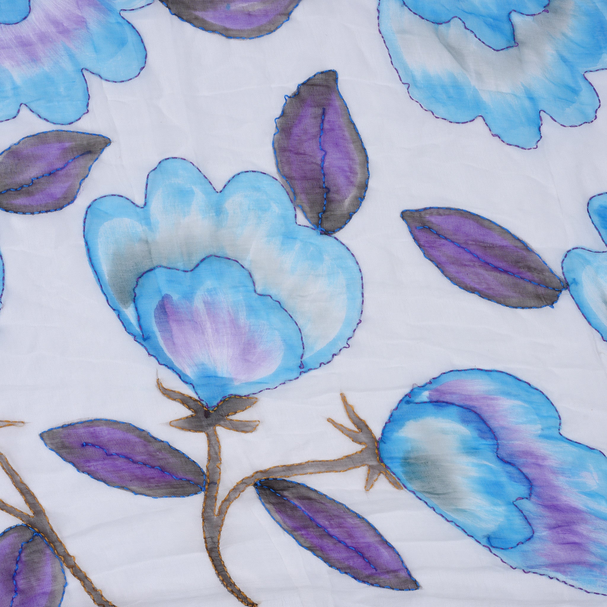 Hand Painted Embroidered Floral Shawl - Aqua/White field - 100% Modal - Image 3