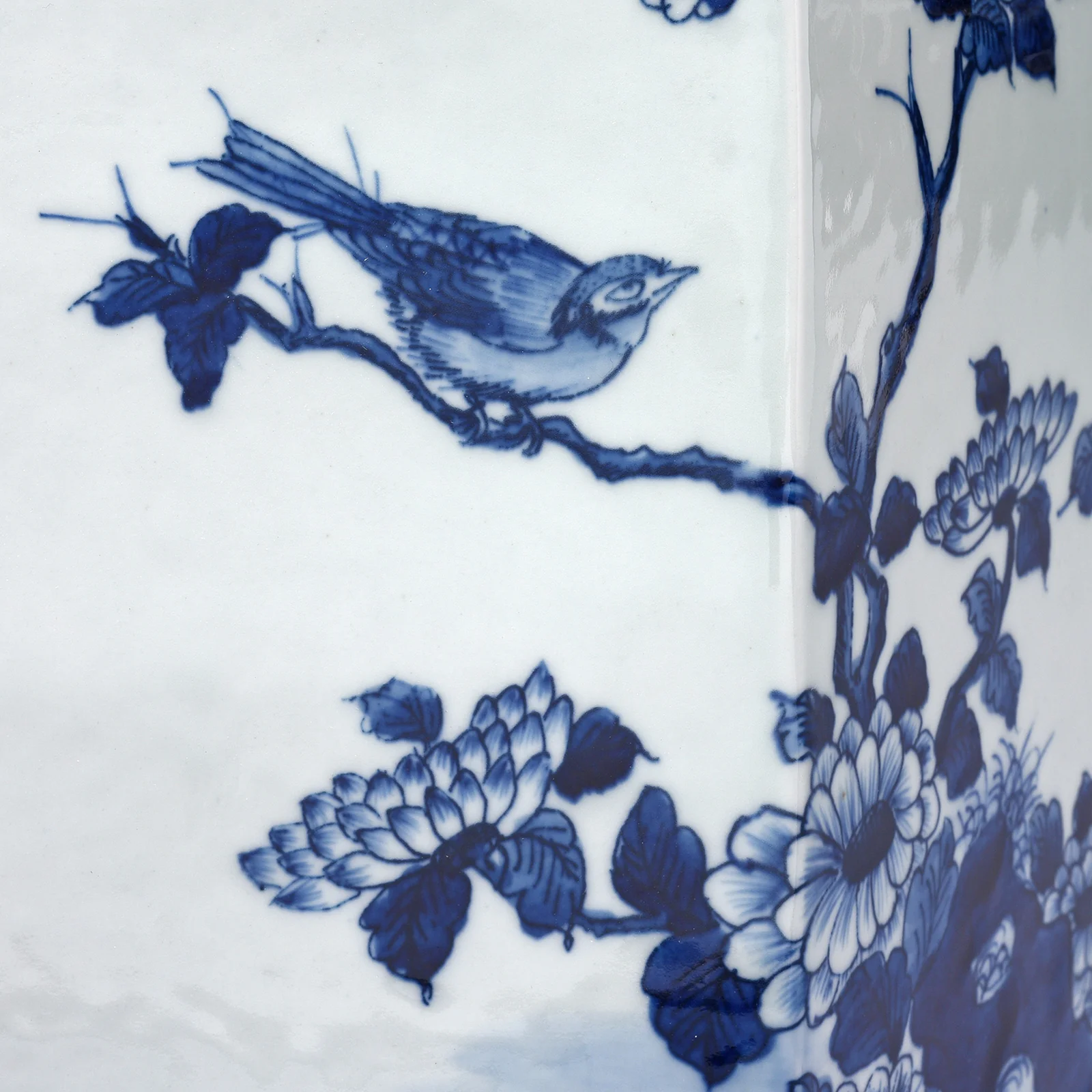 Hexagonal Blue & White Porcelain Tea Caddy - Birds & Trees - Image 2