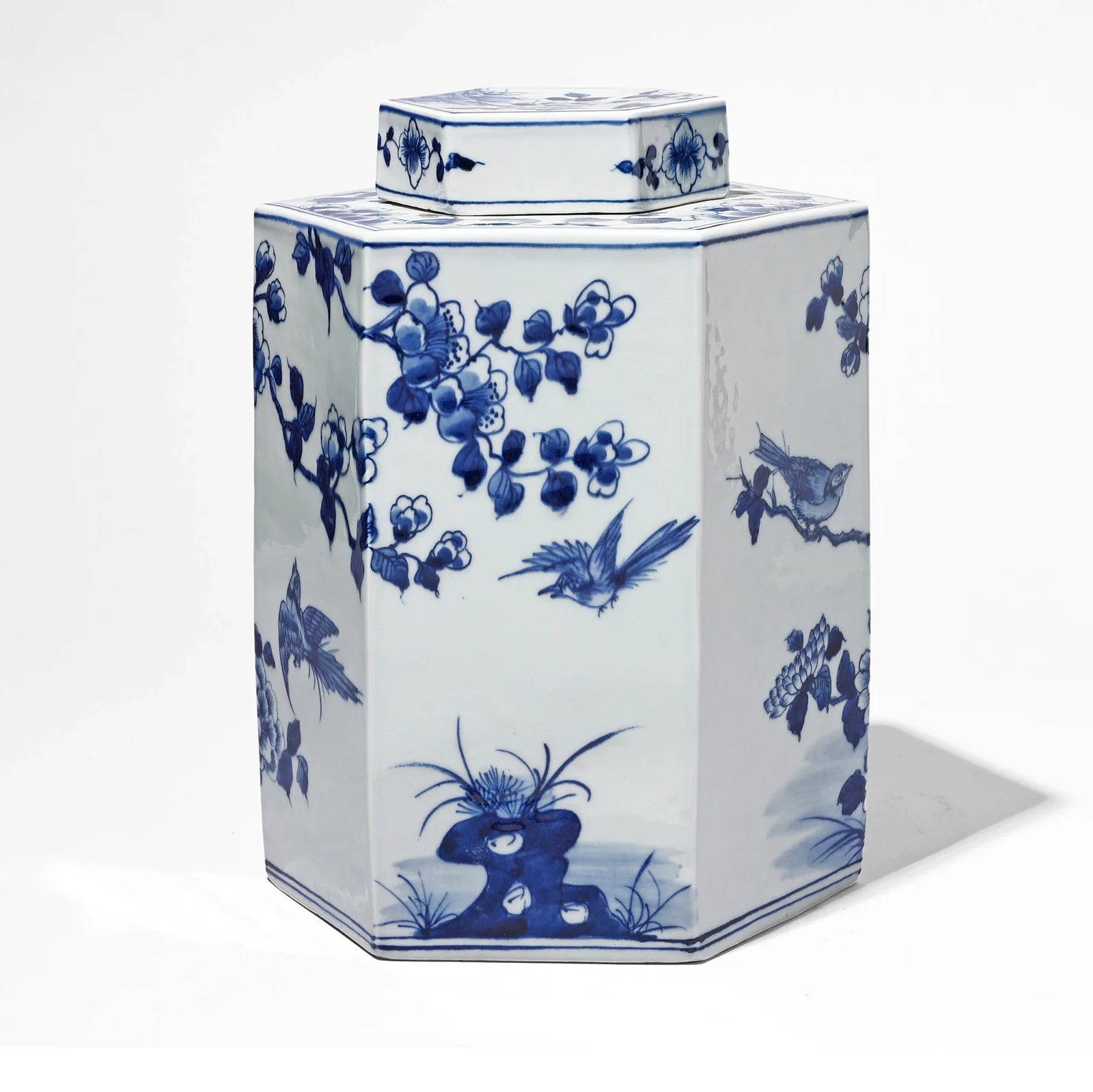Hexagonal Blue & White Porcelain Tea Caddy - Birds & Trees - Image 3