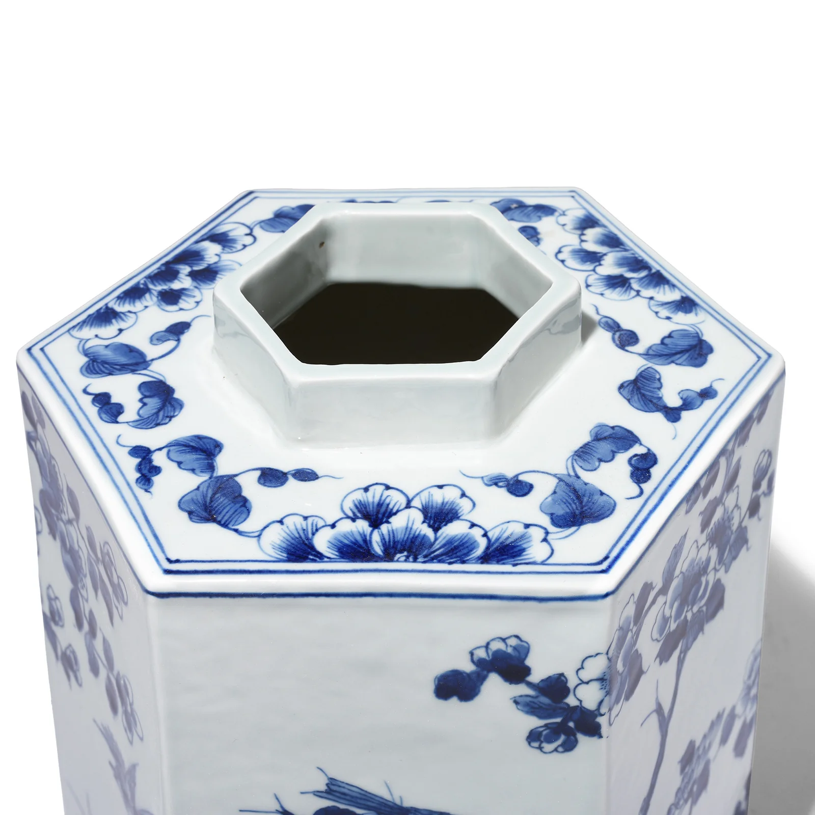 Hexagonal Blue & White Porcelain Tea Caddy - Birds & Trees - Image 4