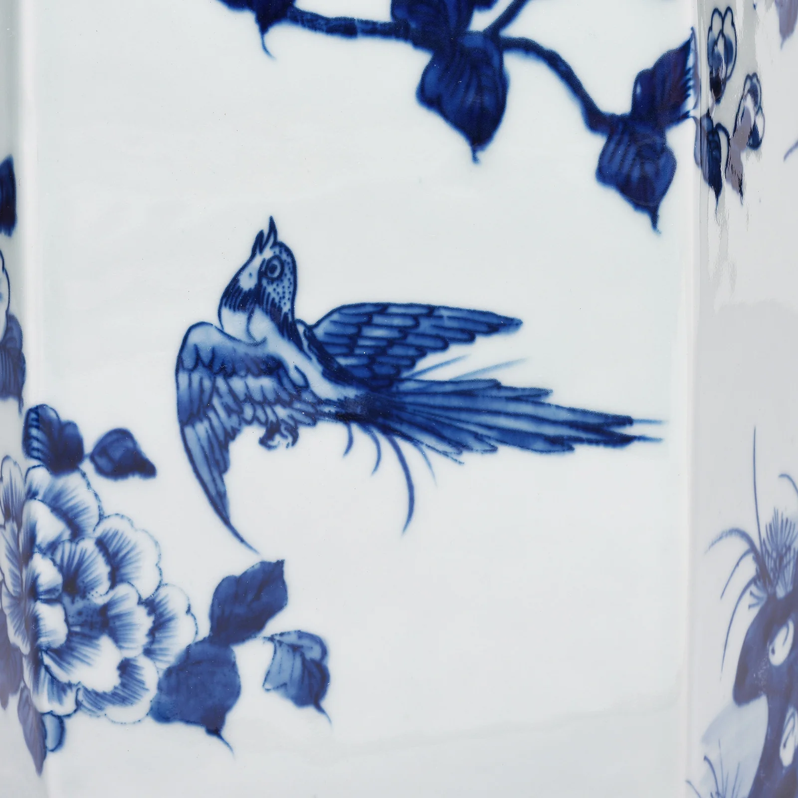 Hexagonal Blue & White Porcelain Tea Caddy - Birds & Trees - Image 5