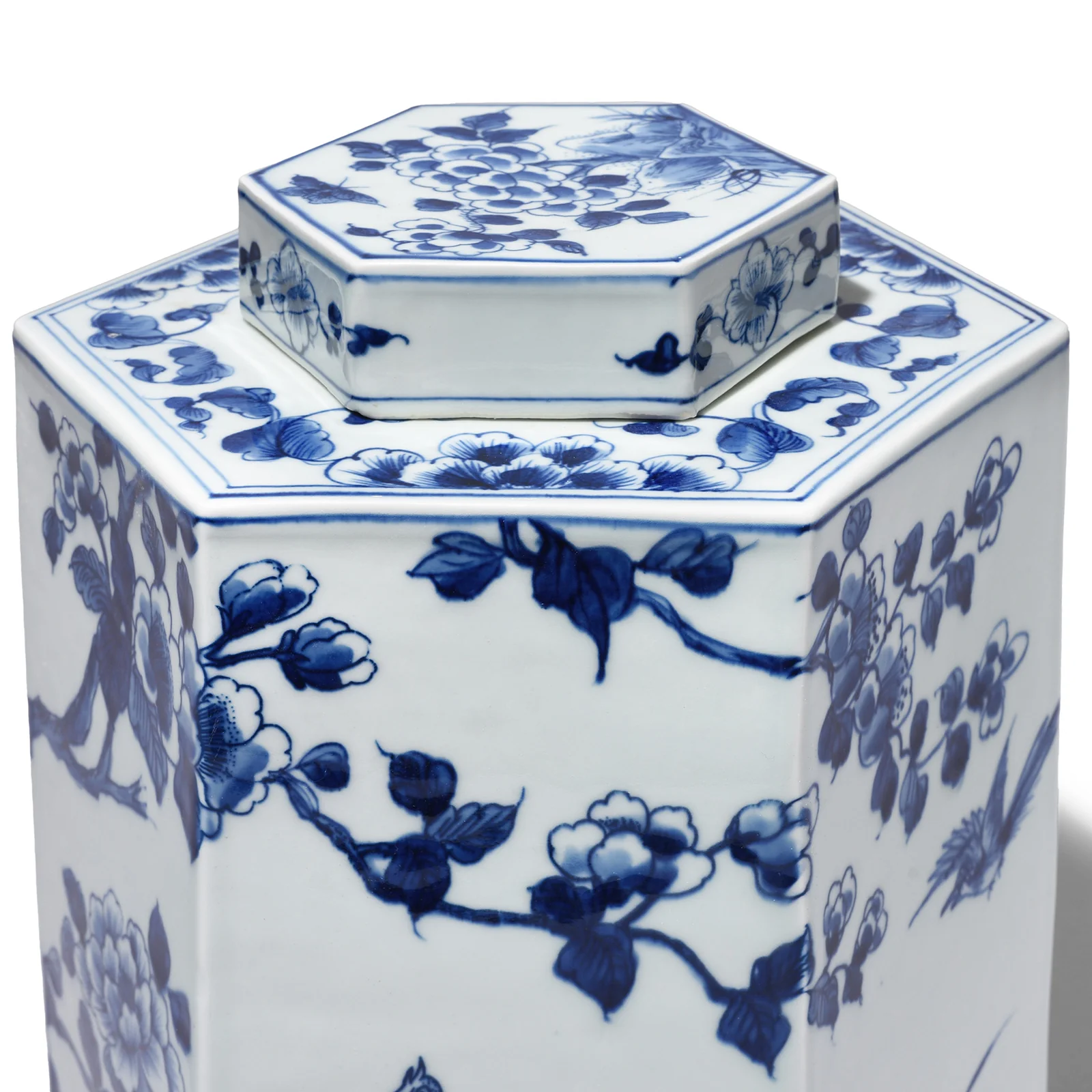Hexagonal Blue & White Porcelain Tea Caddy - Birds & Trees - Image 6