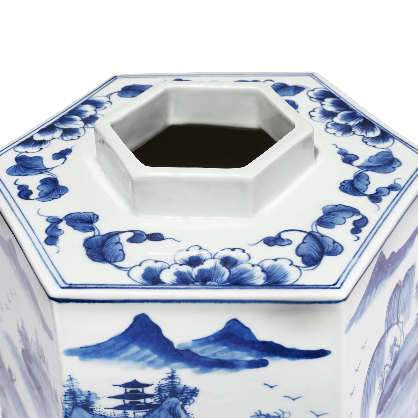 Hexagonal Blue & White Porcelain Tea Caddy - Pastoral Scenes - Image 4
