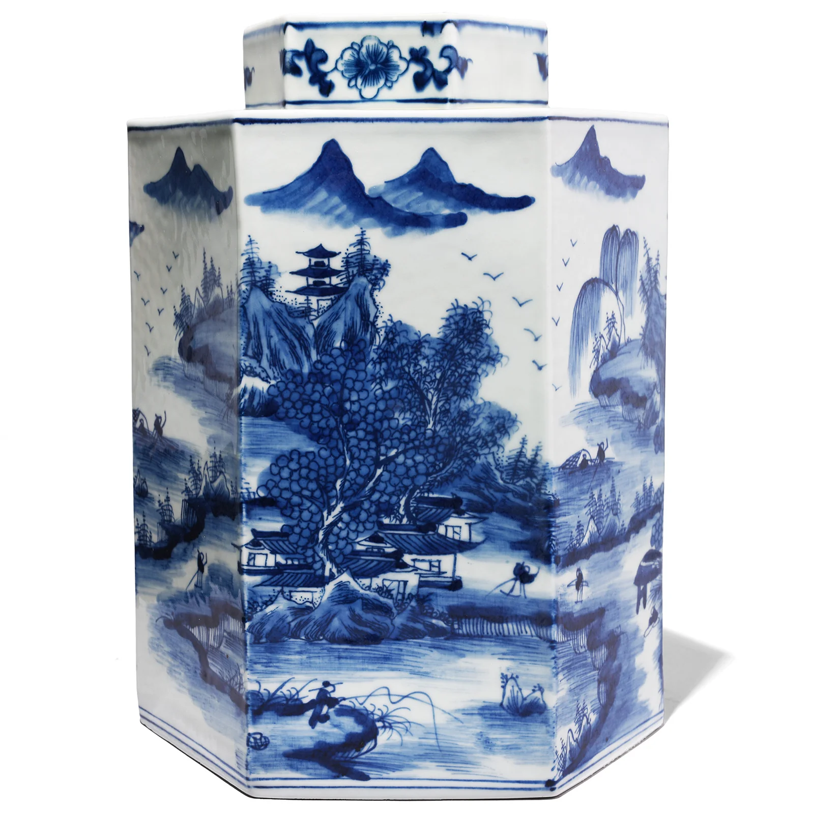 Hexagonal Blue & White Porcelain Tea Caddy - Pastoral Scenes - Image 5
