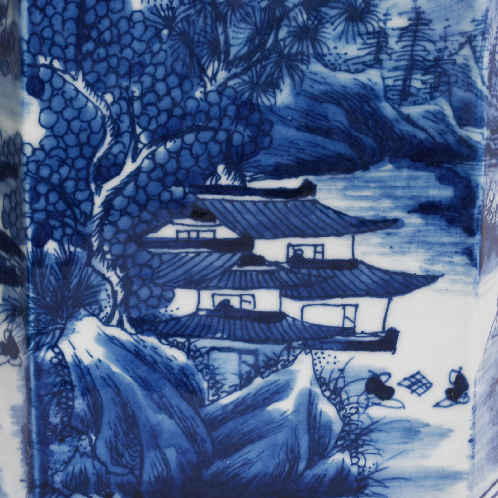Hexagonal Blue & White Porcelain Tea Caddy - Pastoral Scenes - Image 6