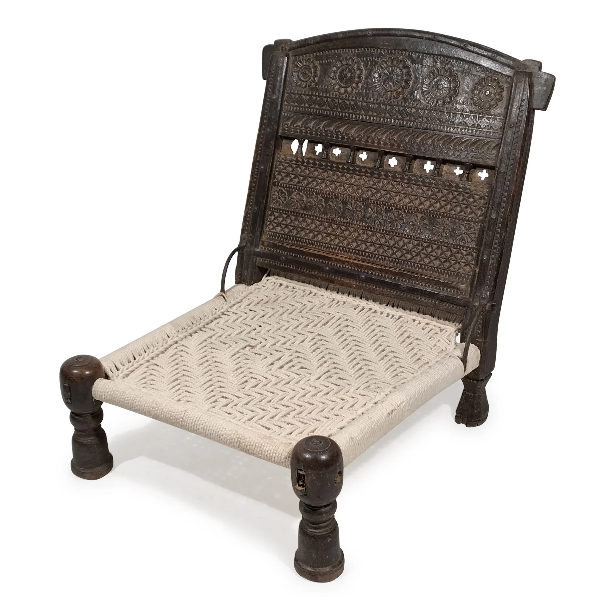 Chip Carved Low Chair From Rajasthan - 19thC - Image 3