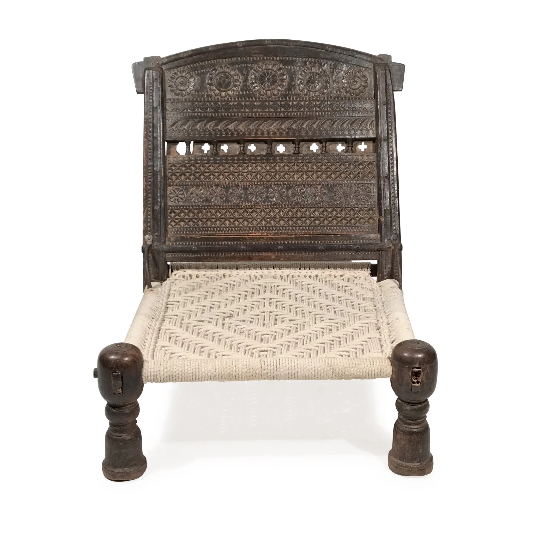 Chip Carved Low Chair From Rajasthan - 19thC - Image 4
