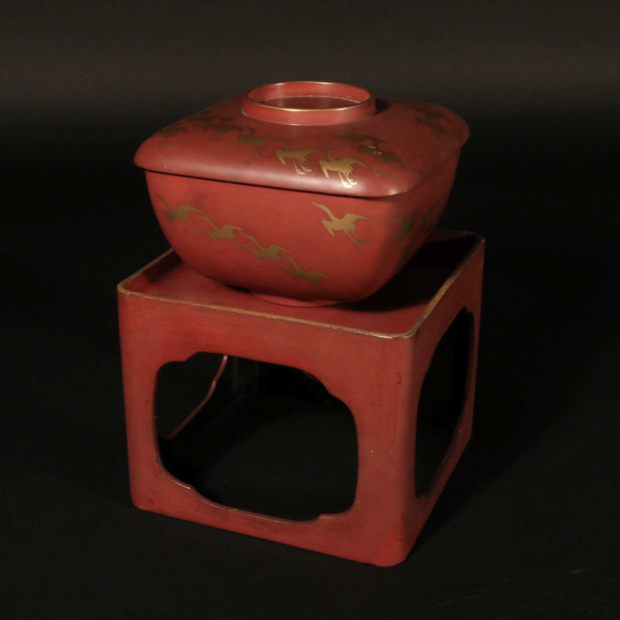 Red Lacquer Gilt Box With Crane Decoration On Stand - Ca 1930 - Image 3